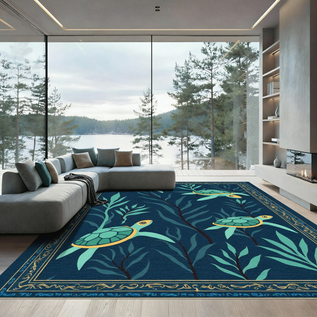 Ocean Turtle Teal Kelp Border Rug