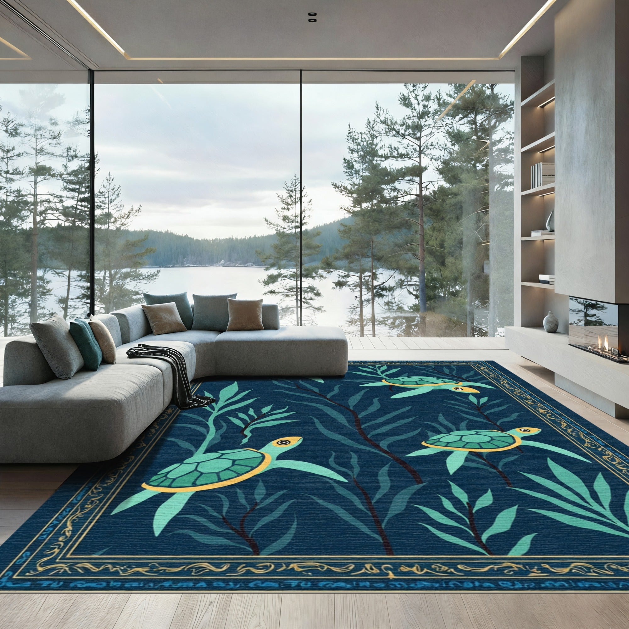 Ocean Turtle Teal Kelp Border Rug