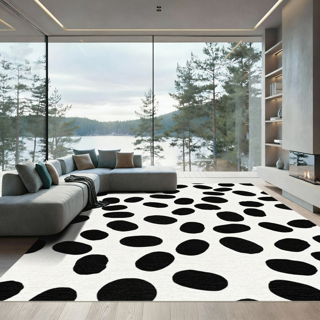 Black Oval Spots White Composition Rug
