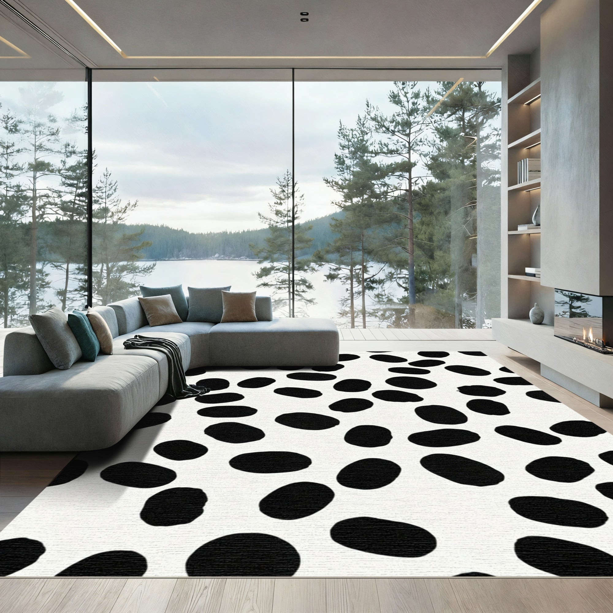 Black Oval Spots White Composition Rug