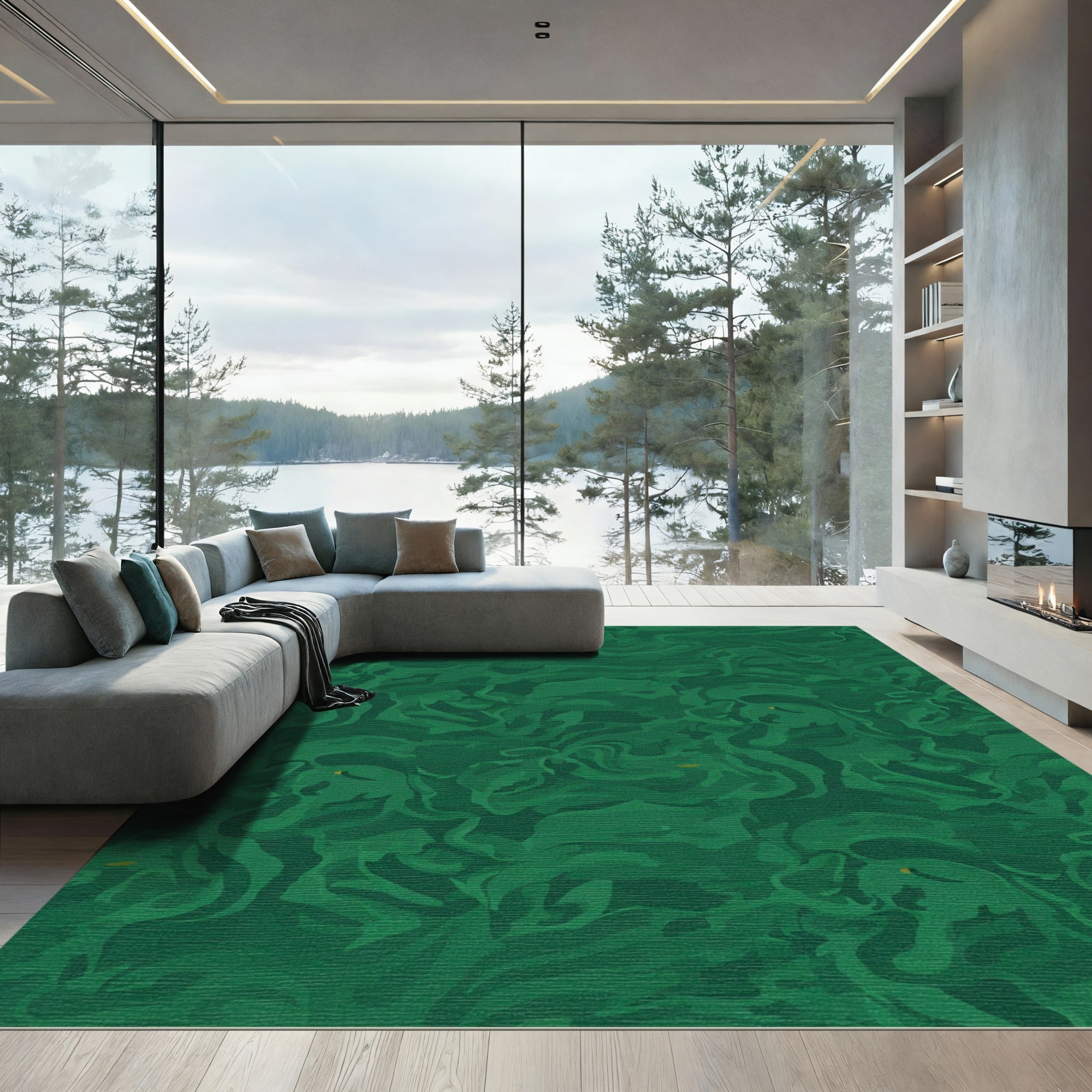Deep Emerald Green Swirl Abstract Rug