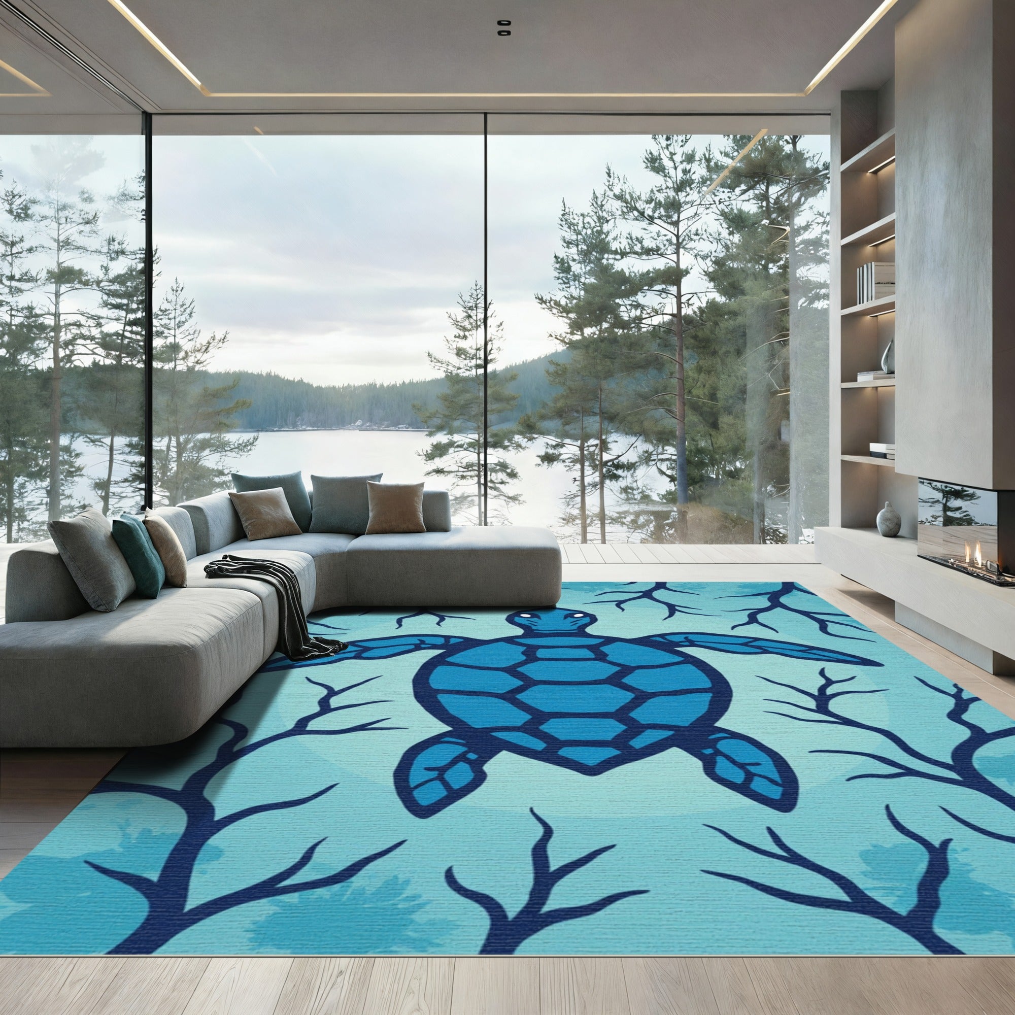 Blue Sea Turtle Among Coral Branches Rug