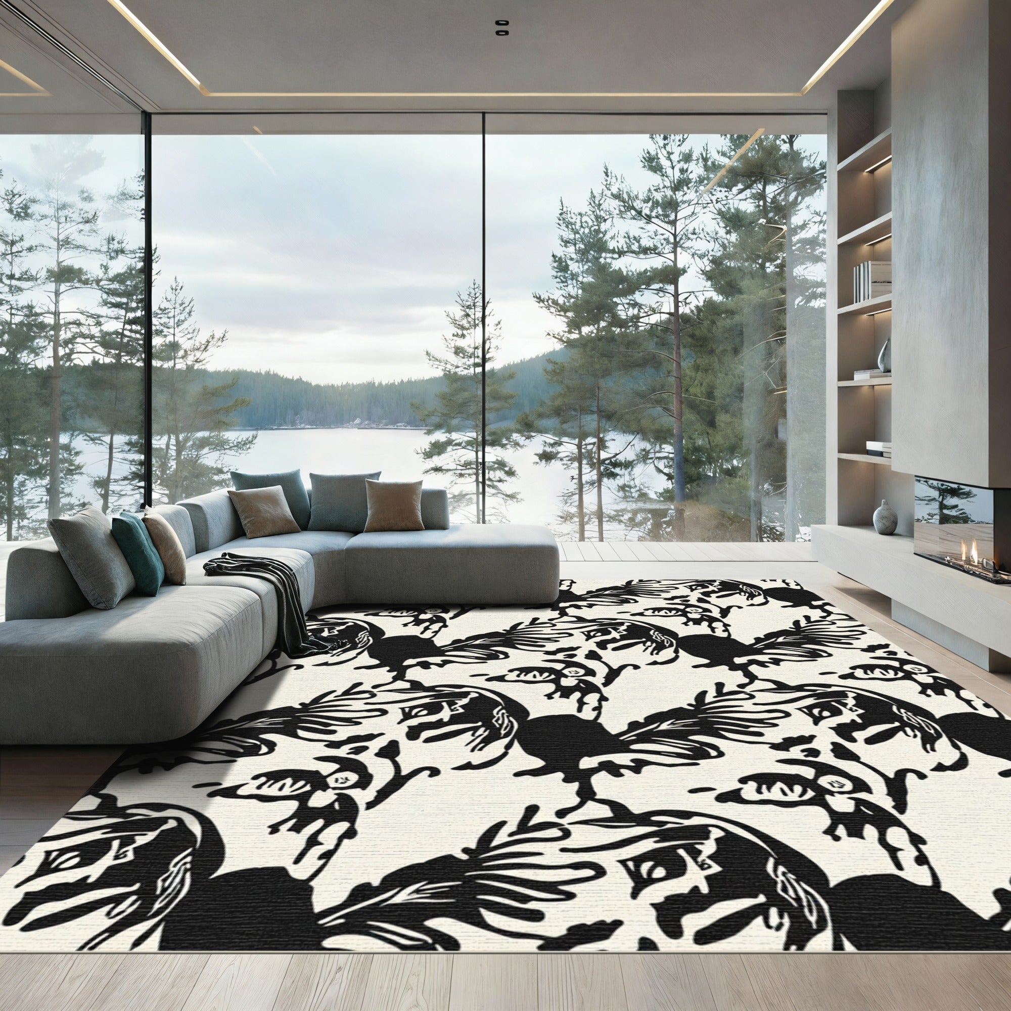 Bewildering Black Roosters Cream Pattern Rug