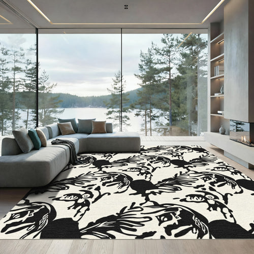 Bewildering Black Roosters Cream Pattern Rug