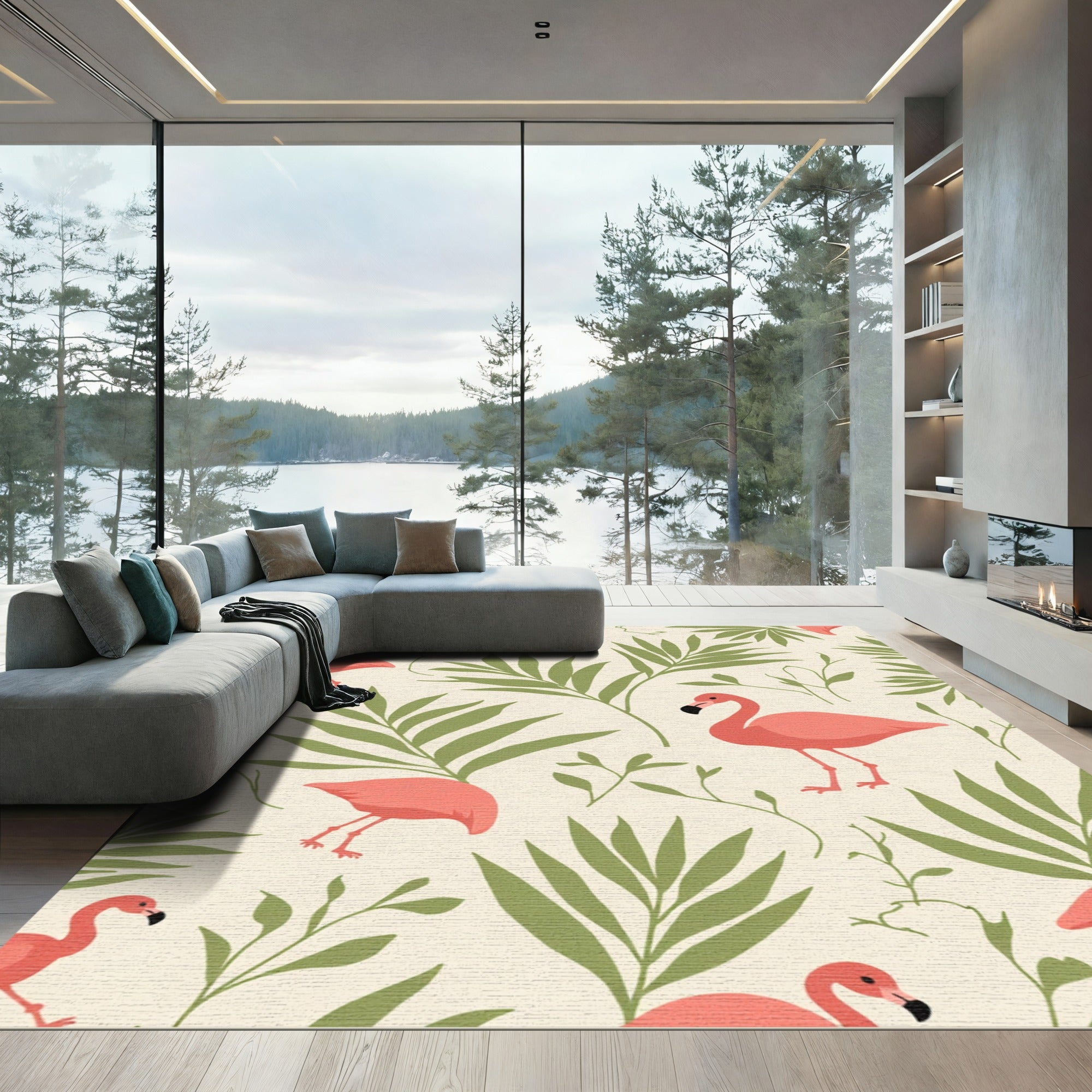 Coral Flamingo Tropical Leaf Blend Rug