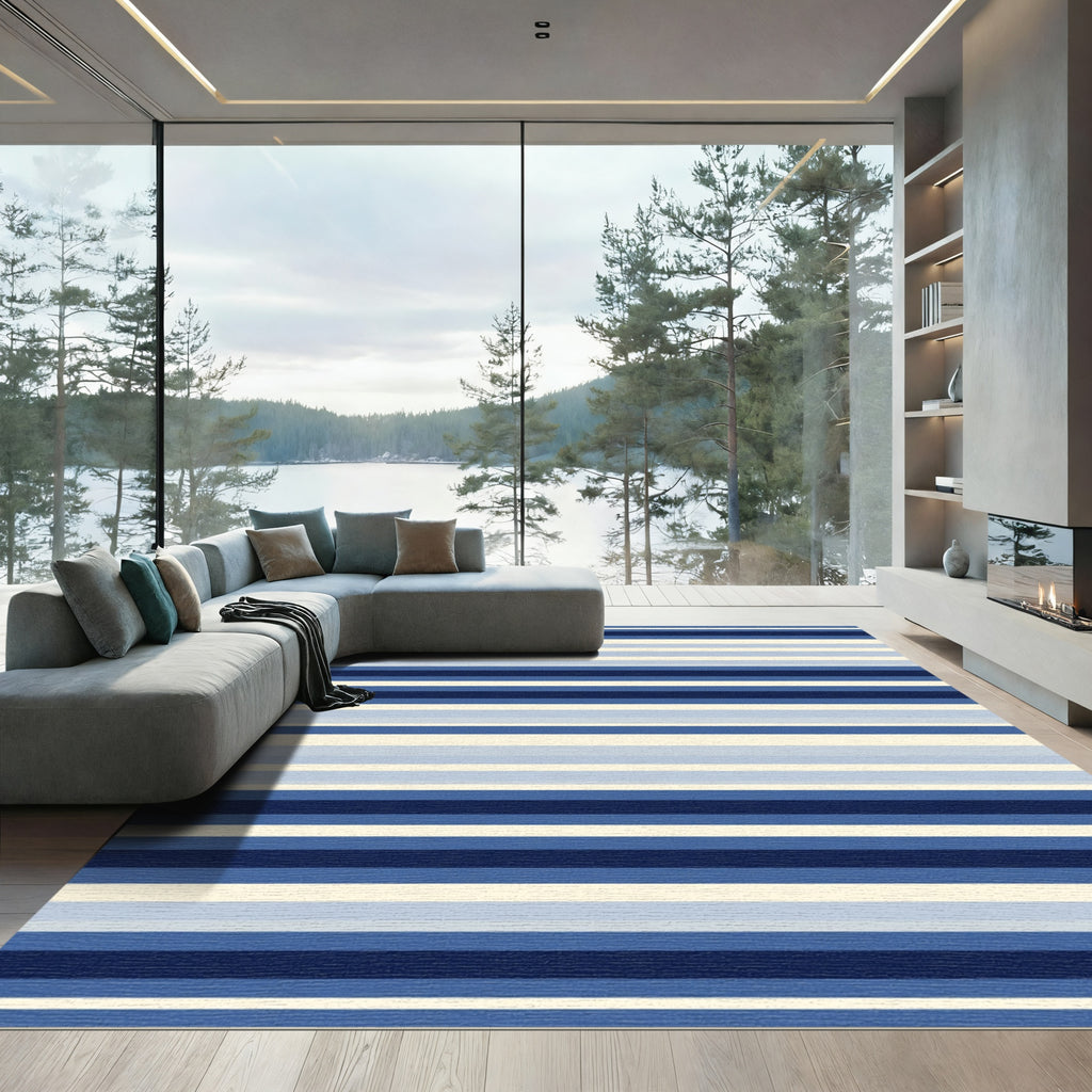 Cool Blue Tones Striped Texture Rug