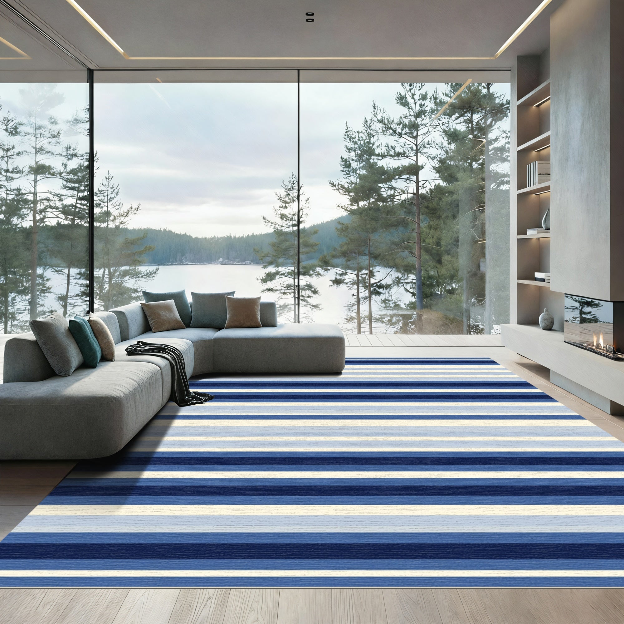 Cool Blue Tones Striped Texture Rug
