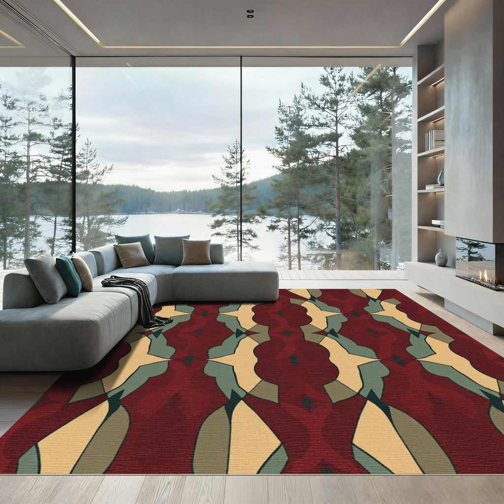 Crimson Ochre Teal Interlocking Forms Rug