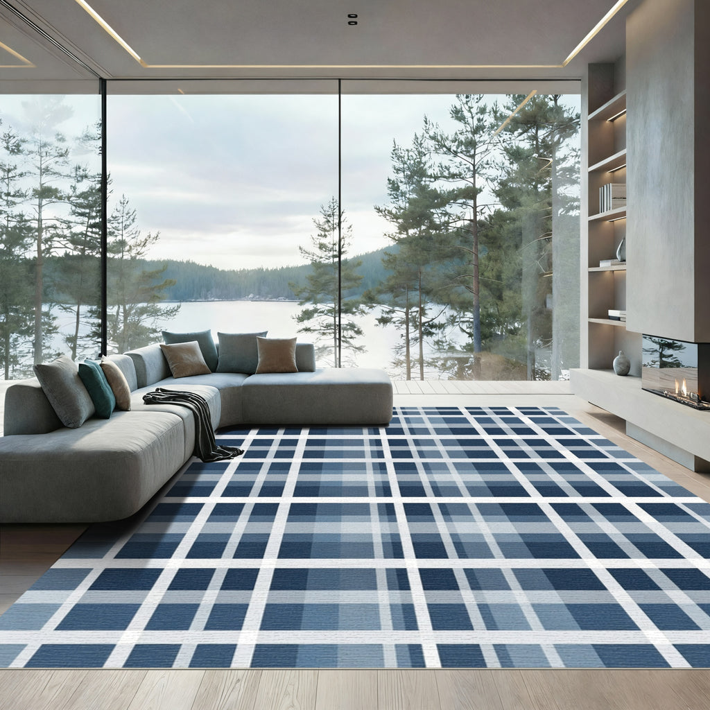 Deep Blue Grid Plaid Rug