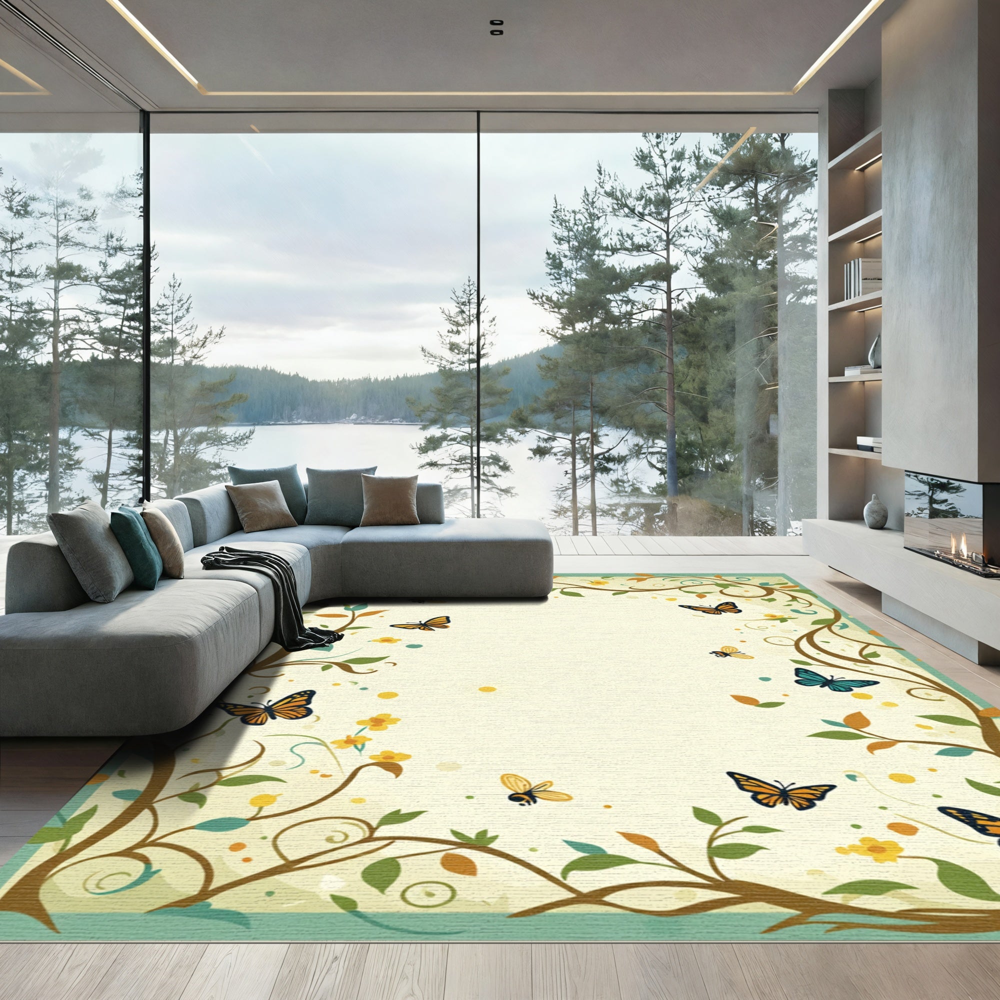 Whimsical Orange Blue Butterfly Garden Vine Rug
