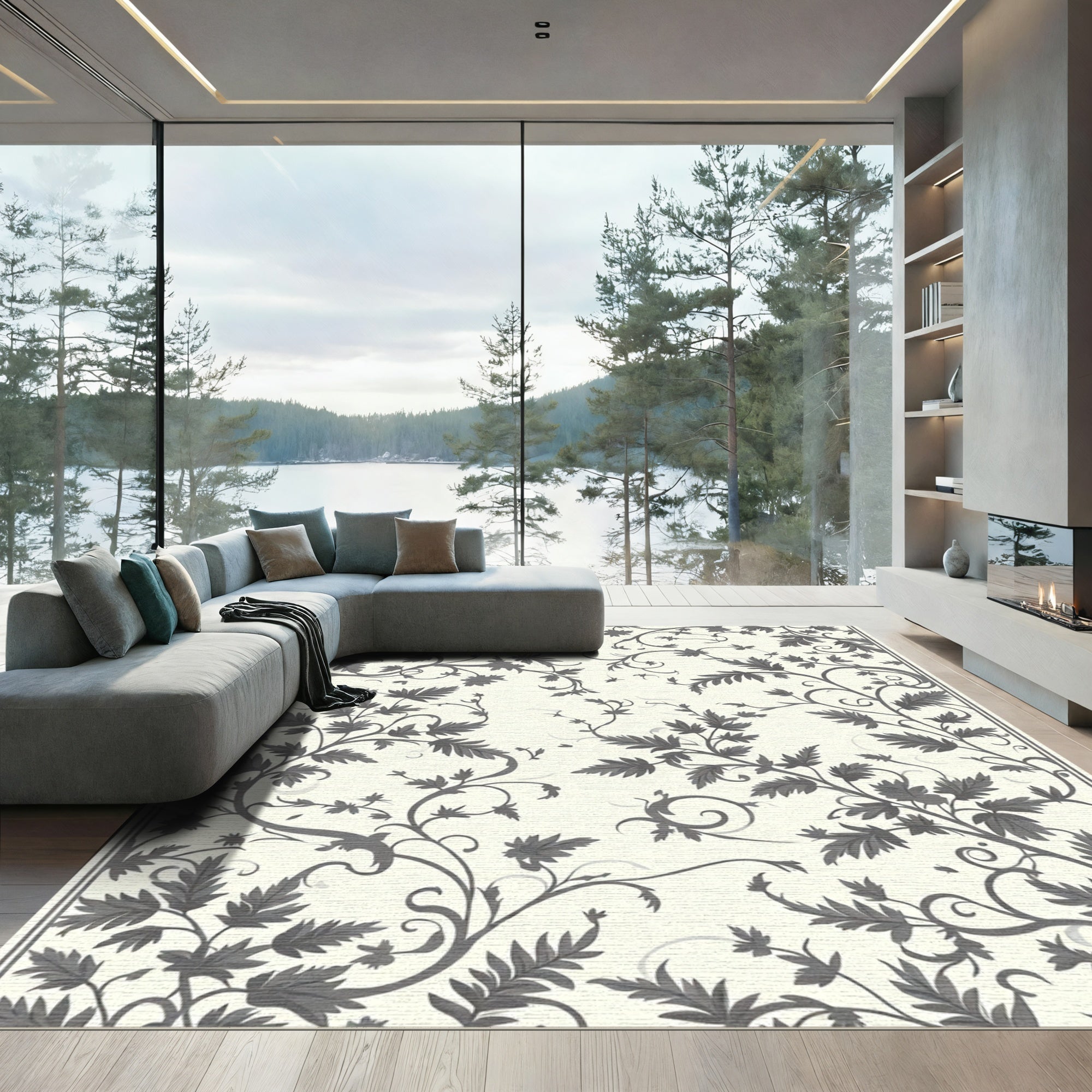 Vintage Gray Leafy Vine Swirl Rug