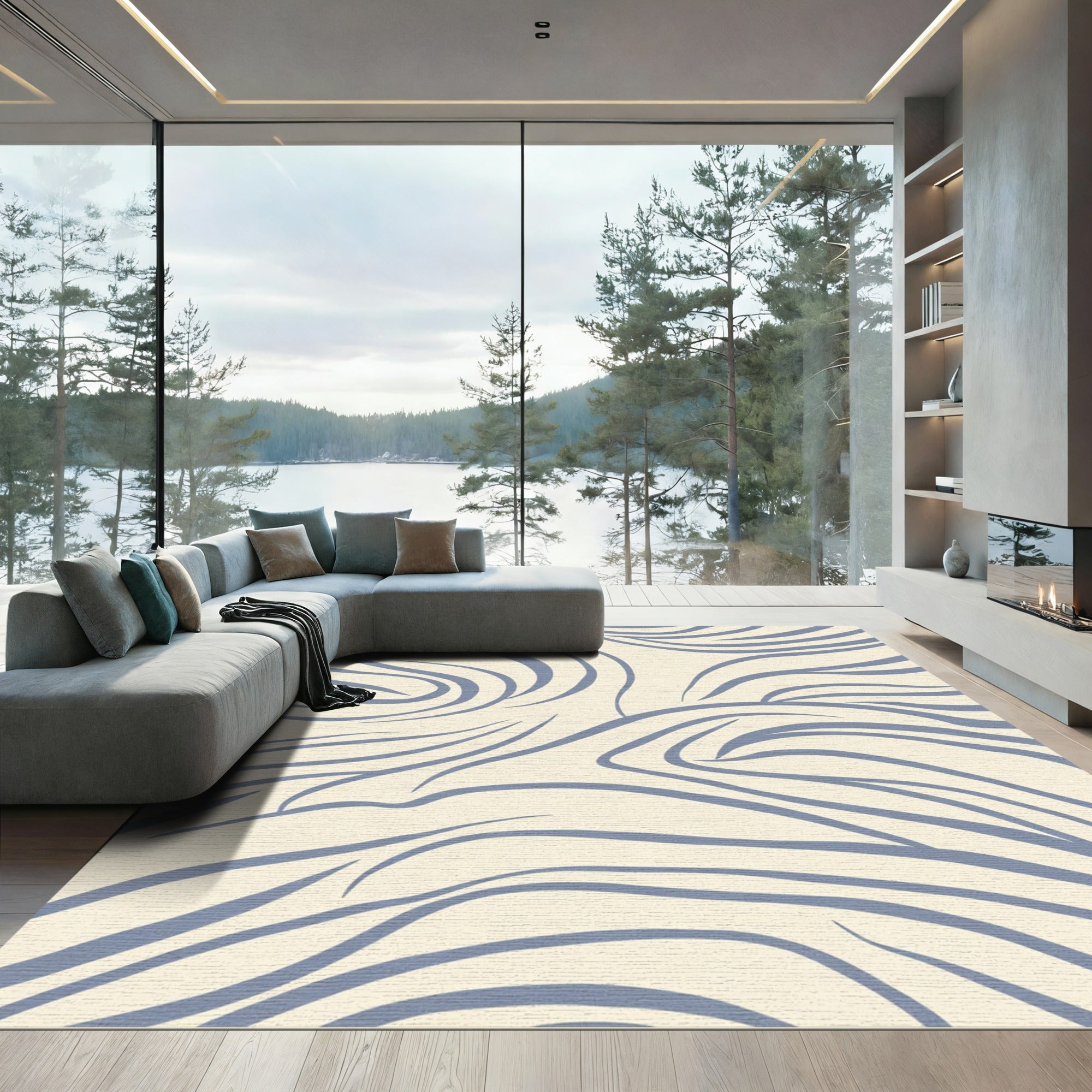Creamy Blue Abstract Swirl Rug