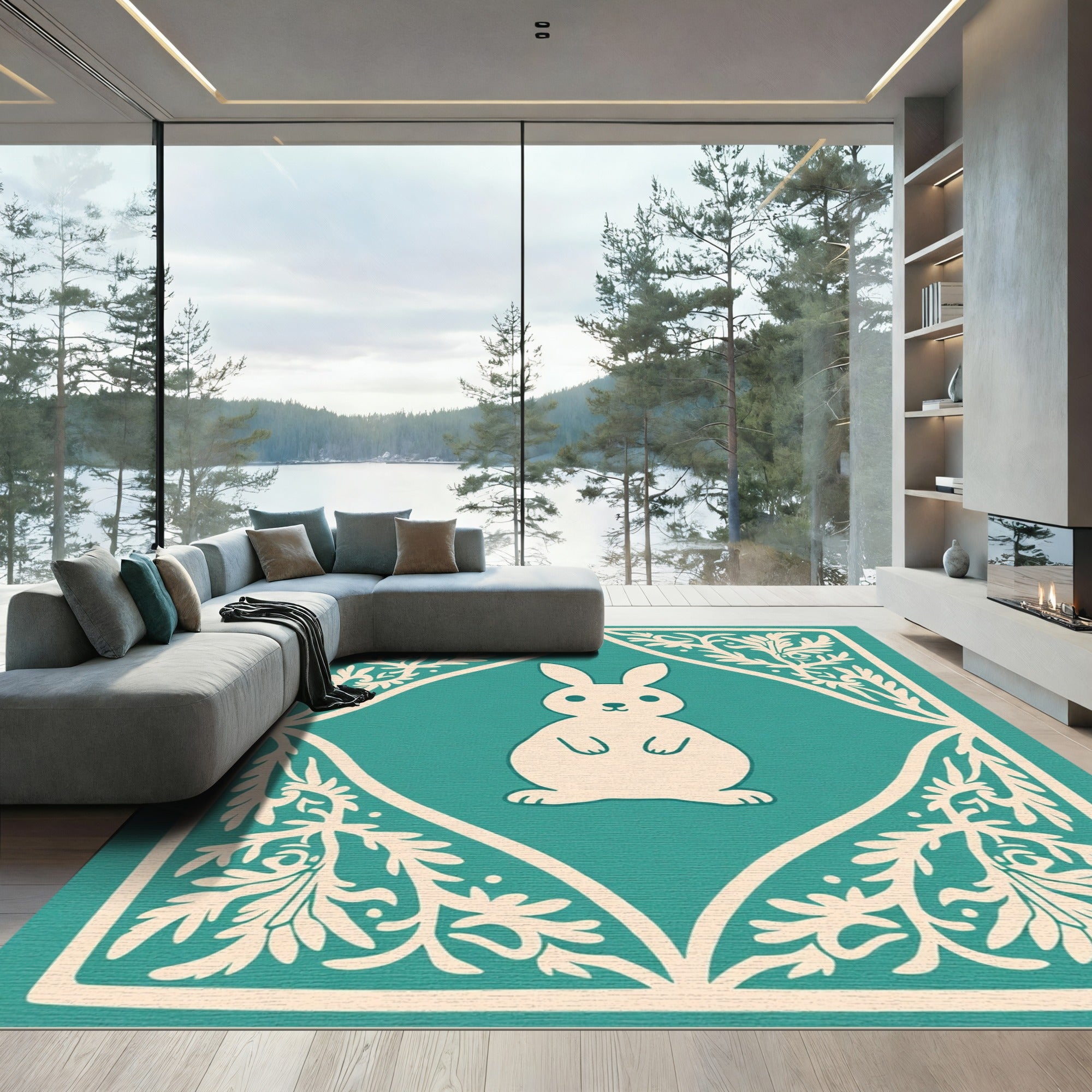Cream Bunny Floral Medallion Teal Rug