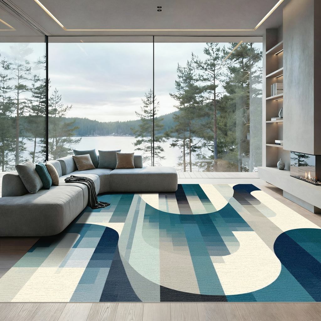 Abstract Teal Cream Wavy Blocks Rug