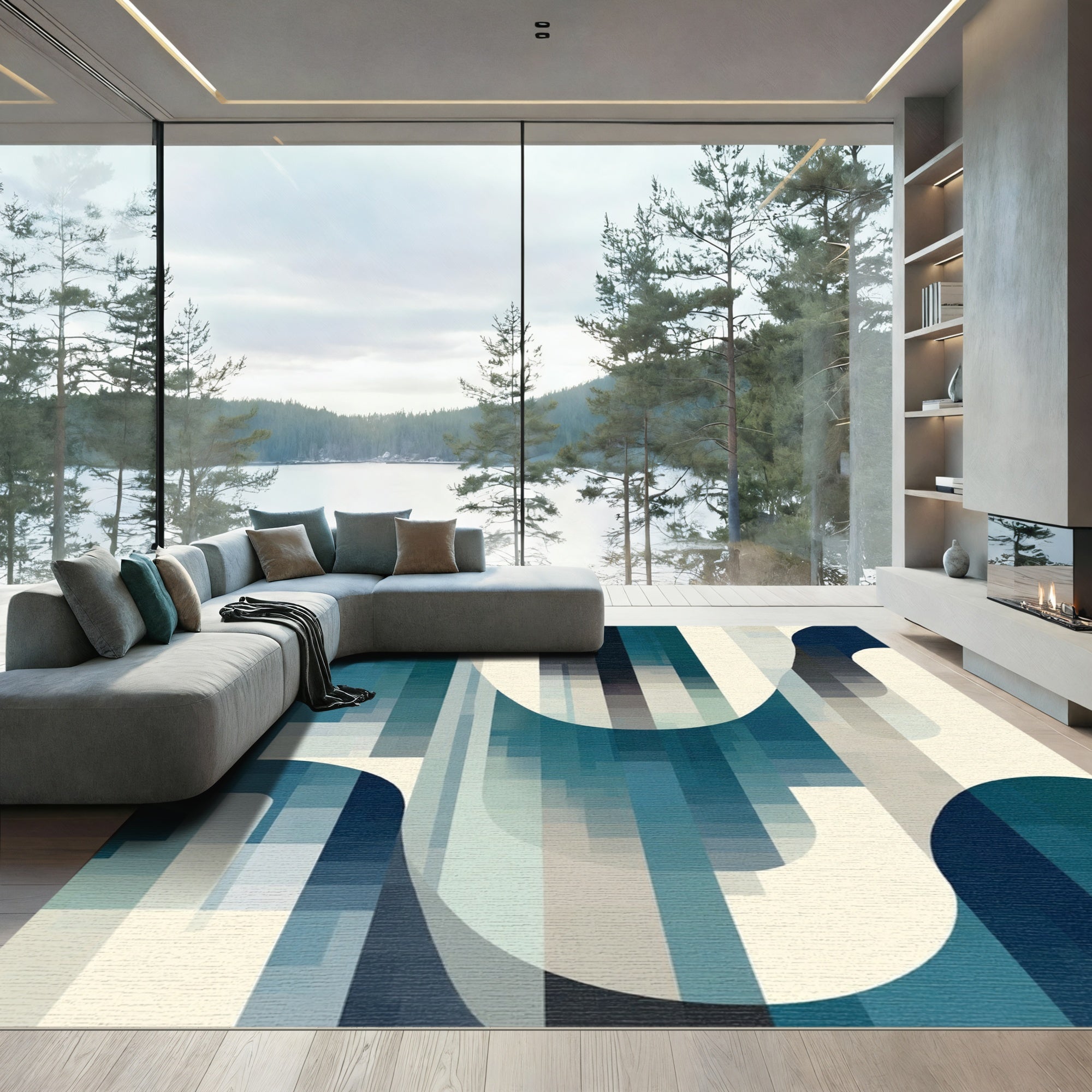 Abstract Teal Cream Wavy Blocks Rug