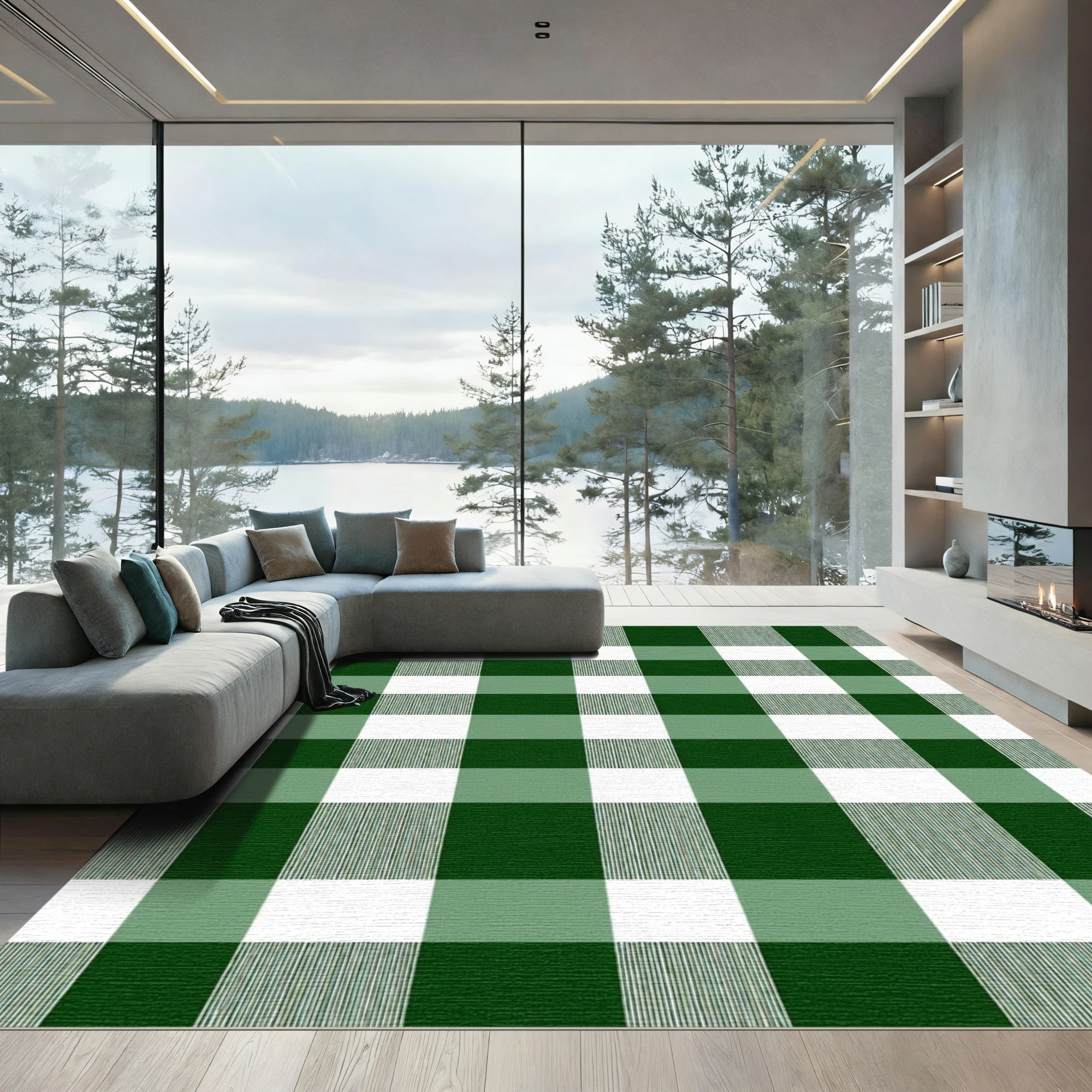 Forest Green White Gingham Checkered Rug