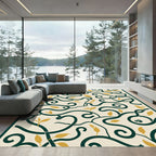 Cream Green Golden Leaf Vine Rug