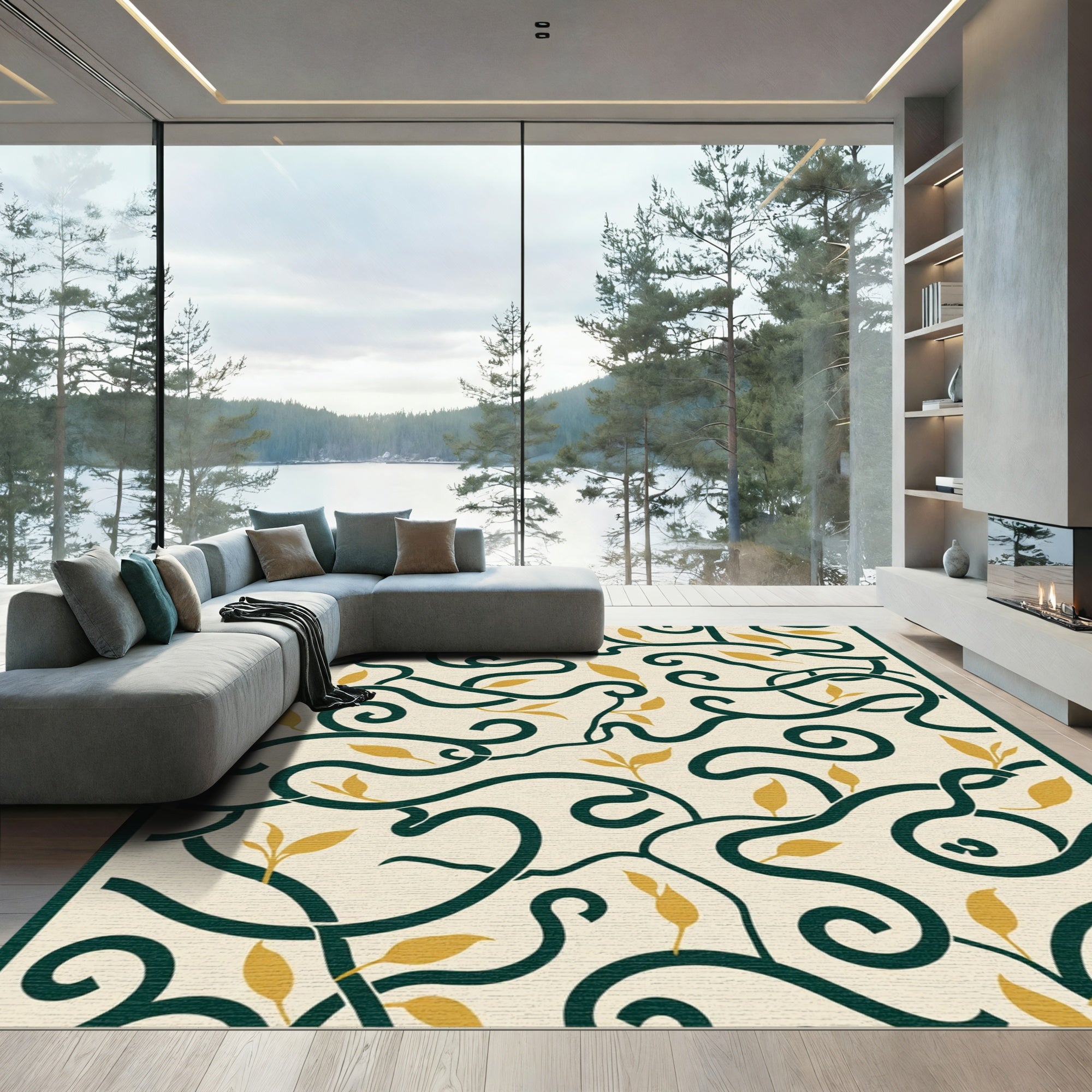 Cream Green Golden Leaf Vine Rug