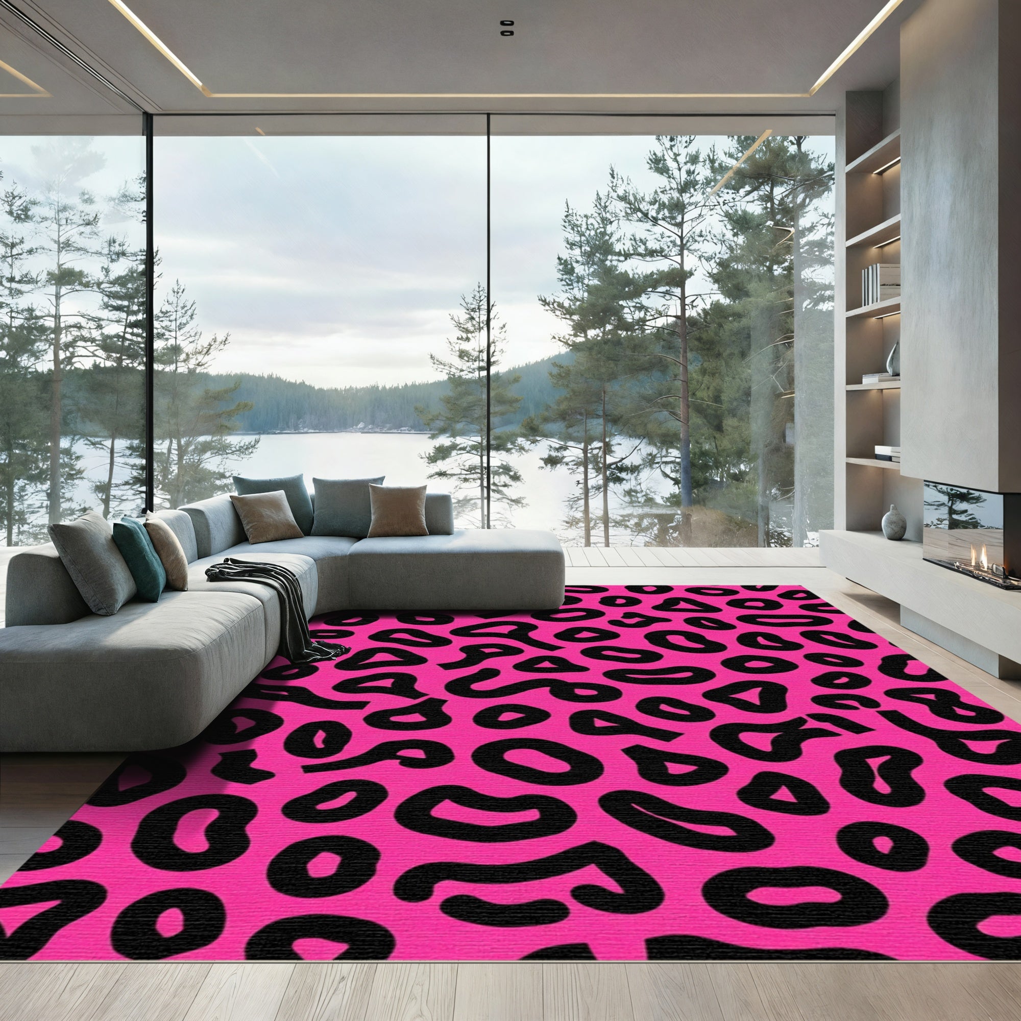 Hot Pink Black Abstract Spots Rug