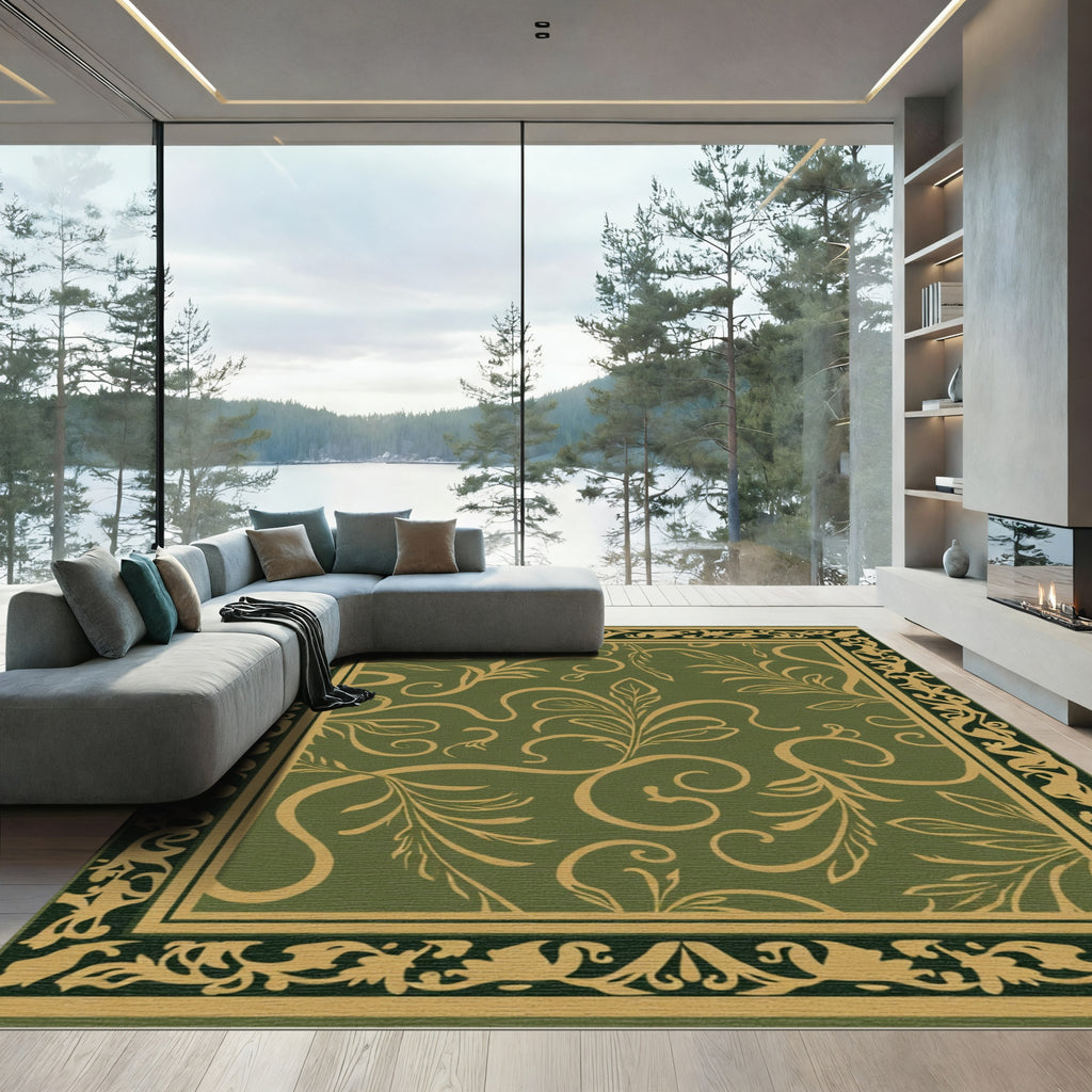 Olive Green Golden Floral Scroll Border Rug