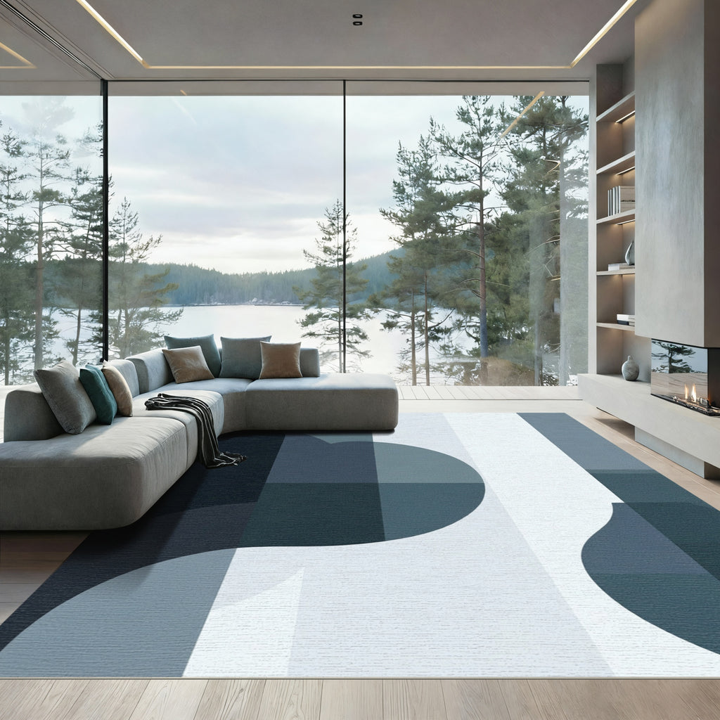 Deep Blue Geometric Flow Rug