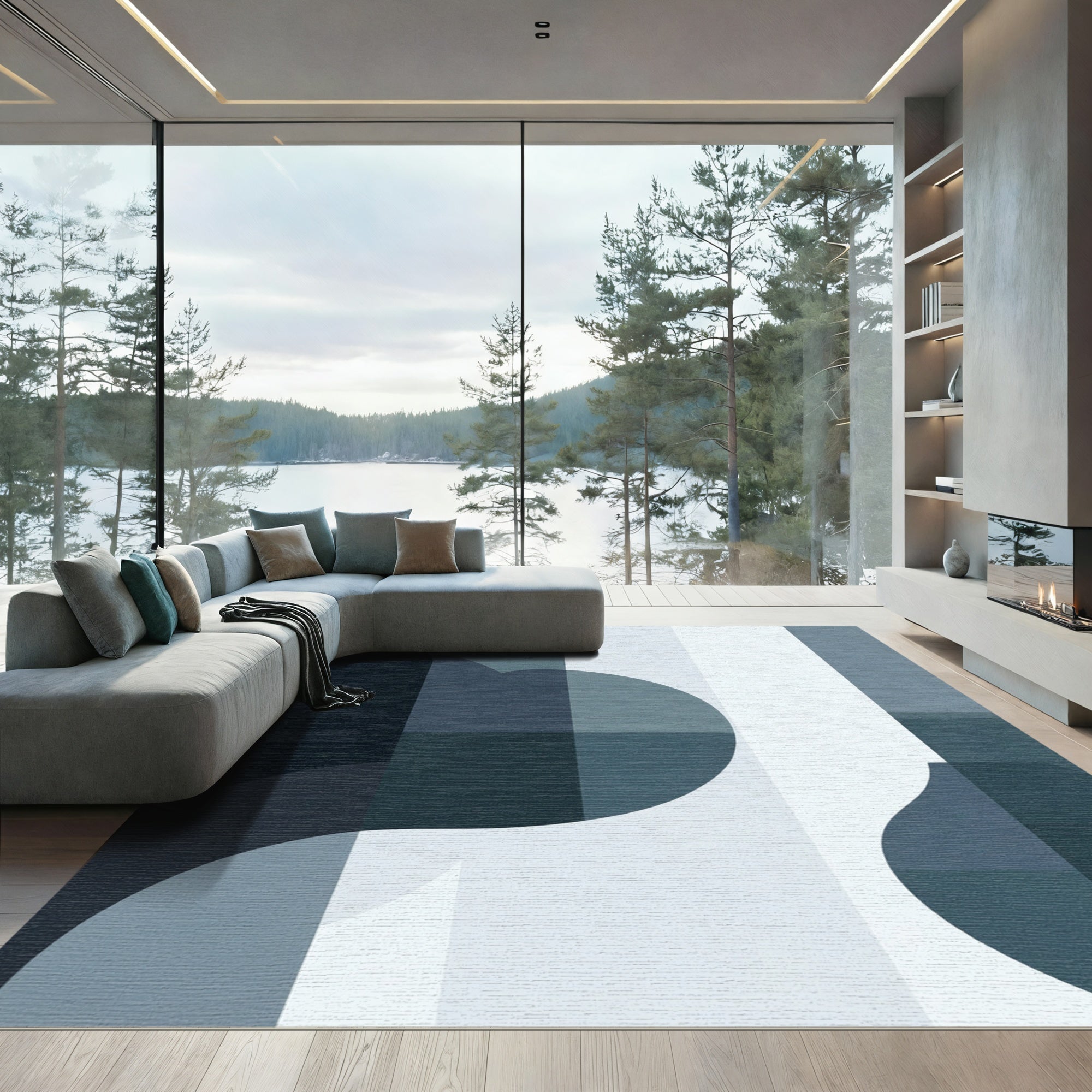 Deep Blue Geometric Flow Rug