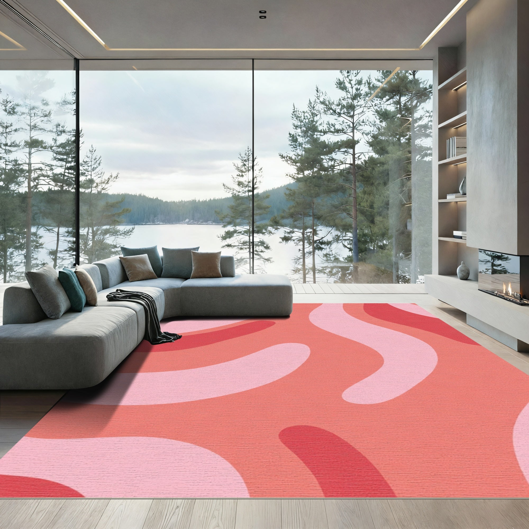 Retro Coral Swirl Waves Rug