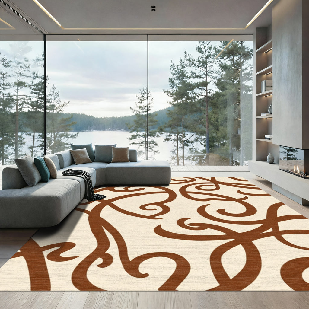 Brown Curlicue Swirls on Cream Background Rug