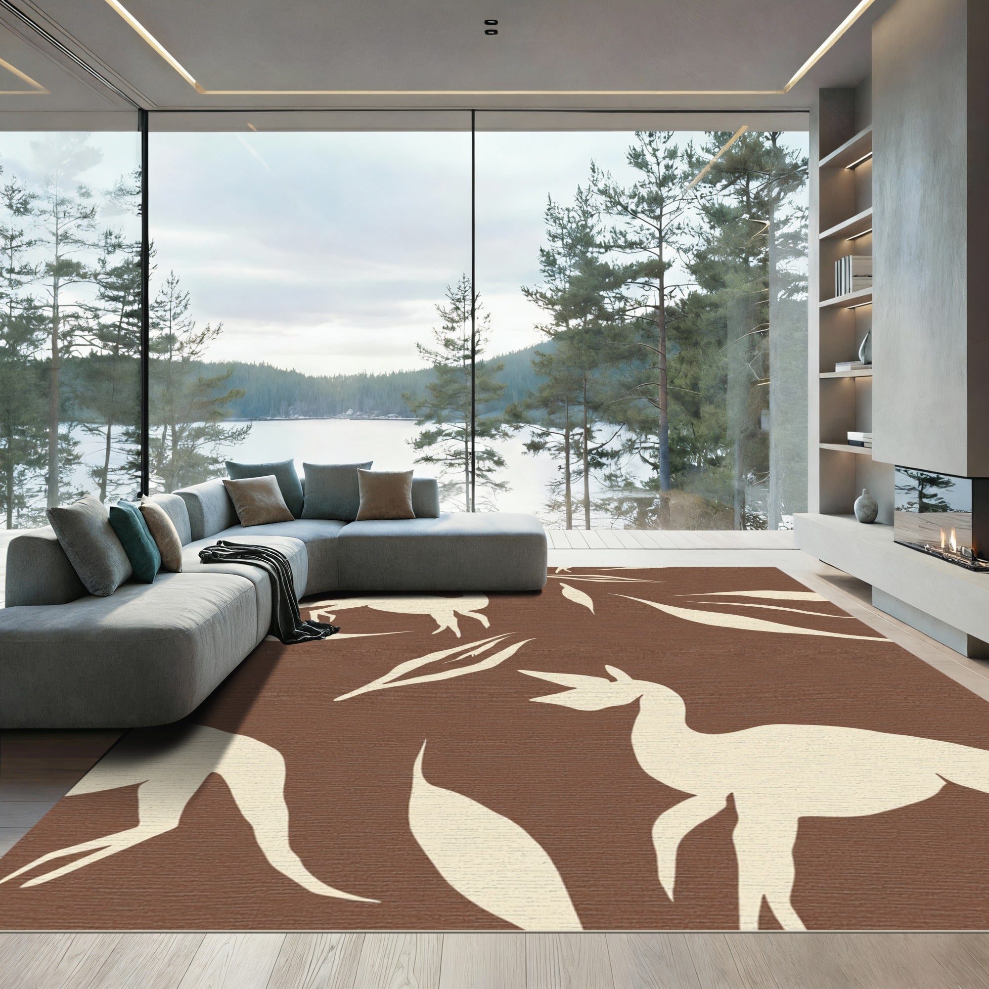 Cream Dino Silhouette Brown Abstract Rug