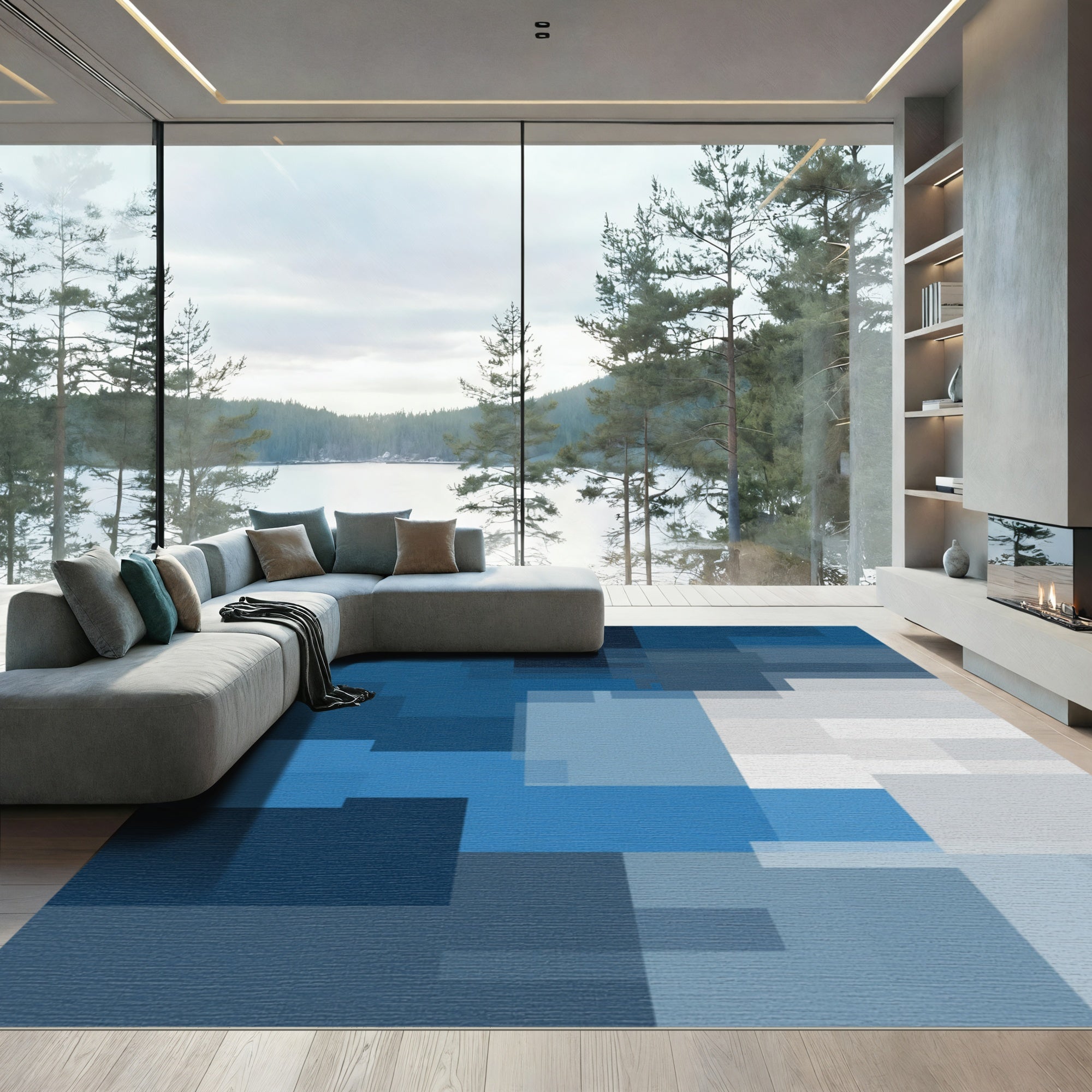 Deep Blue Abstract Geometric Overlay Rug