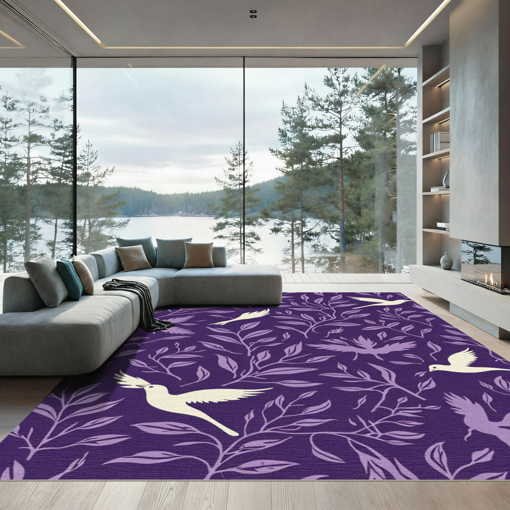 Purple Bird and Leaf Vine Arrangement Rug