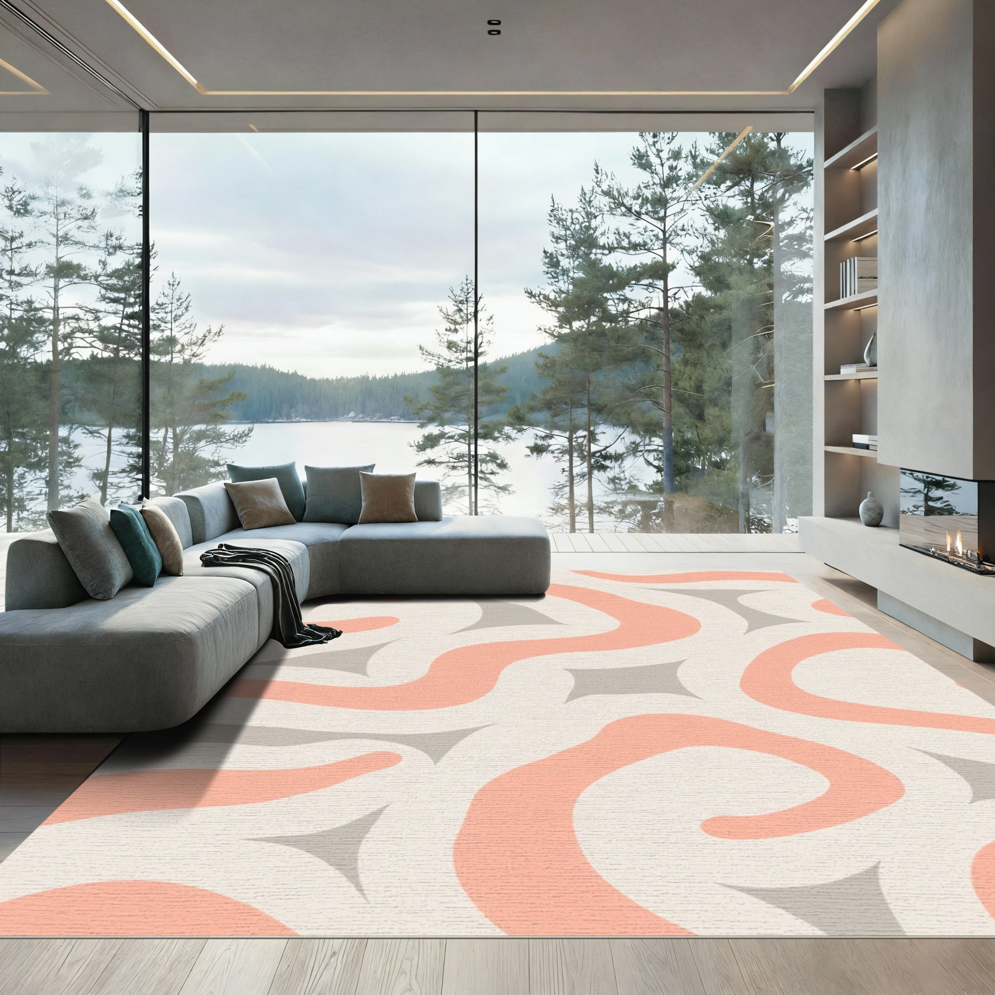 Coral And Gray Abstract Swirl Rug