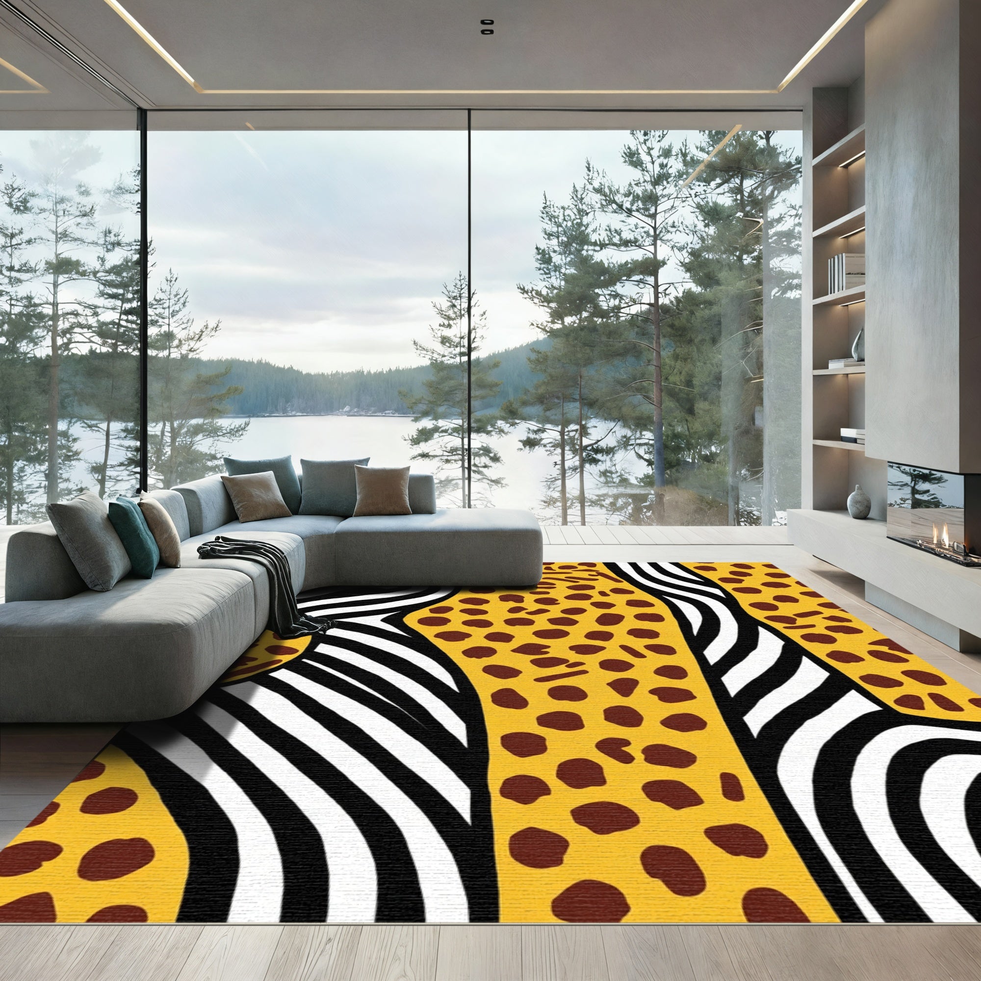 Yellow Brown Spotted Zebra Stripe Rug