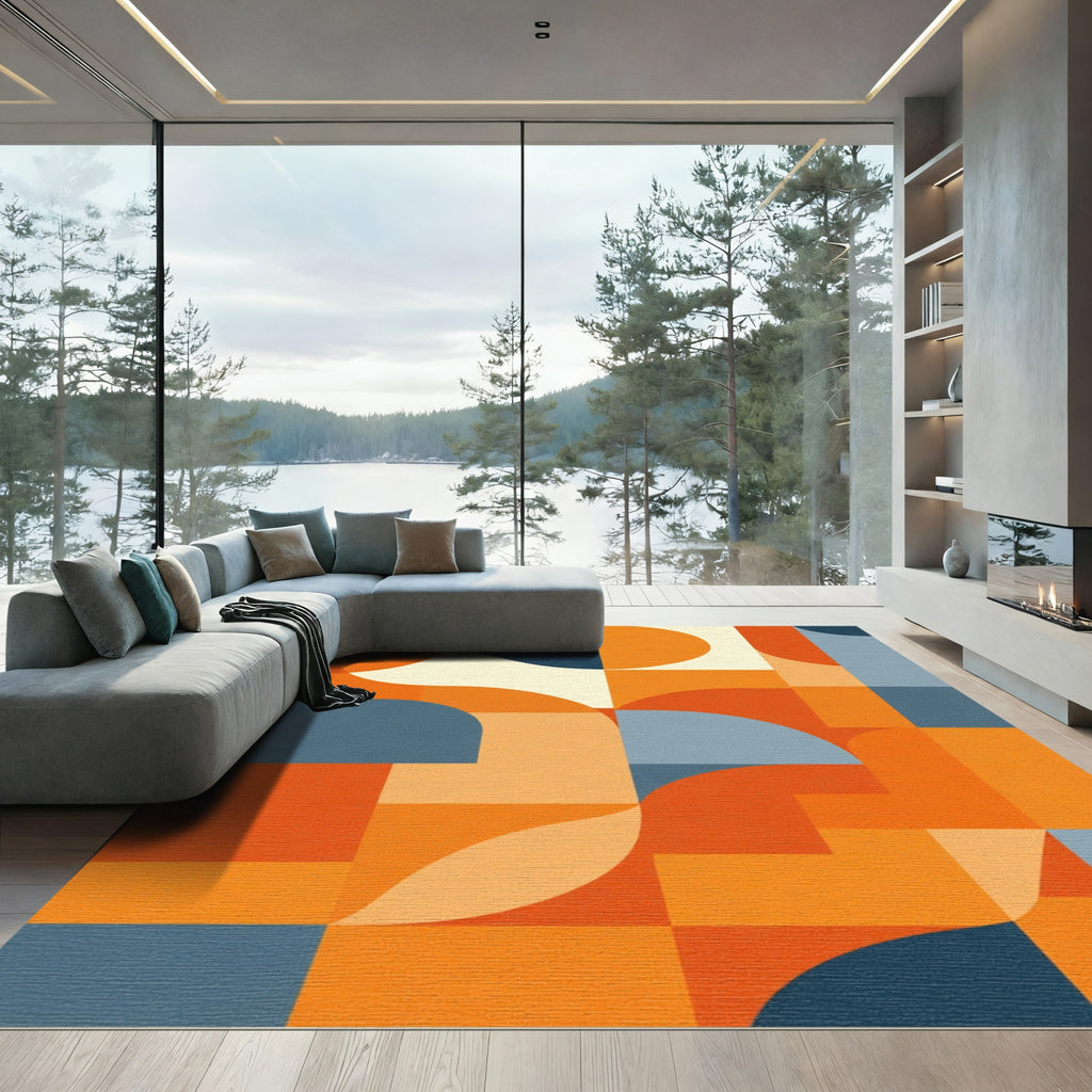 Orange Blue Cream Geometric Arc Rug