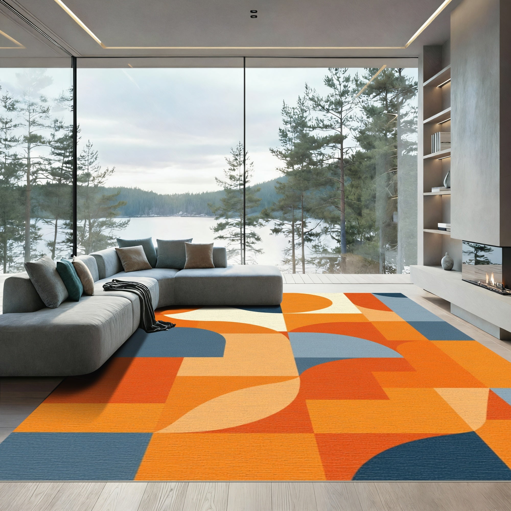 Orange Blue Cream Geometric Arc Rug