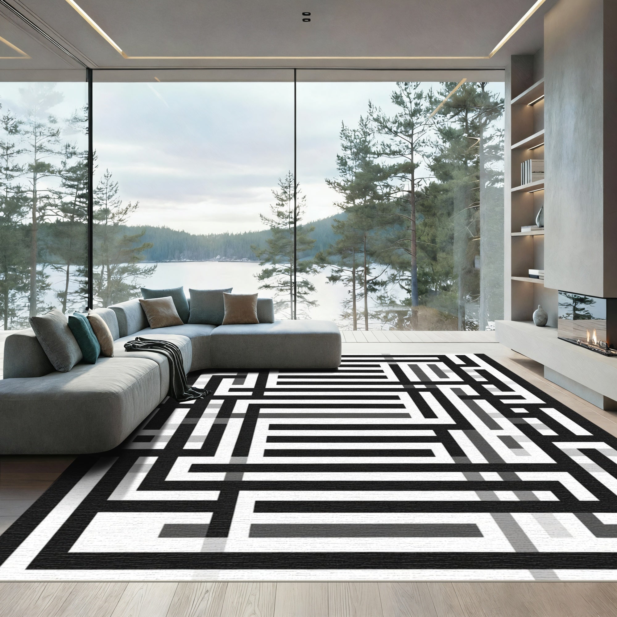 Monochromatic Geometric Maze Lines Rug