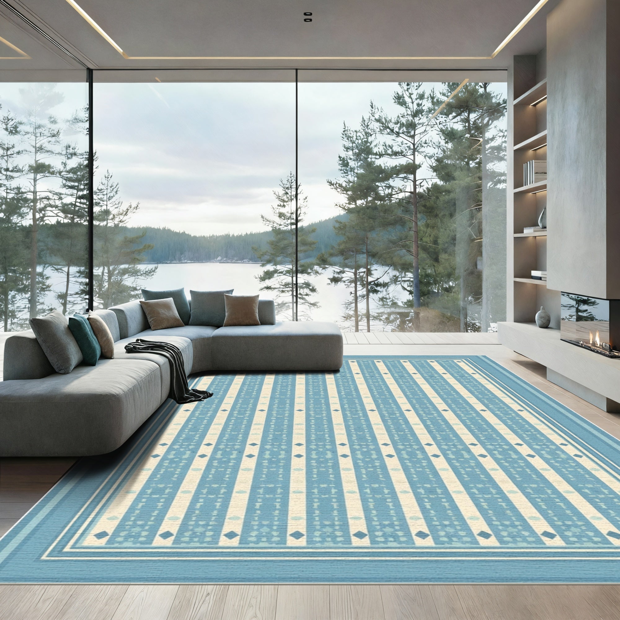 Light Blue Cream Vertical Stripe Diamond Rug