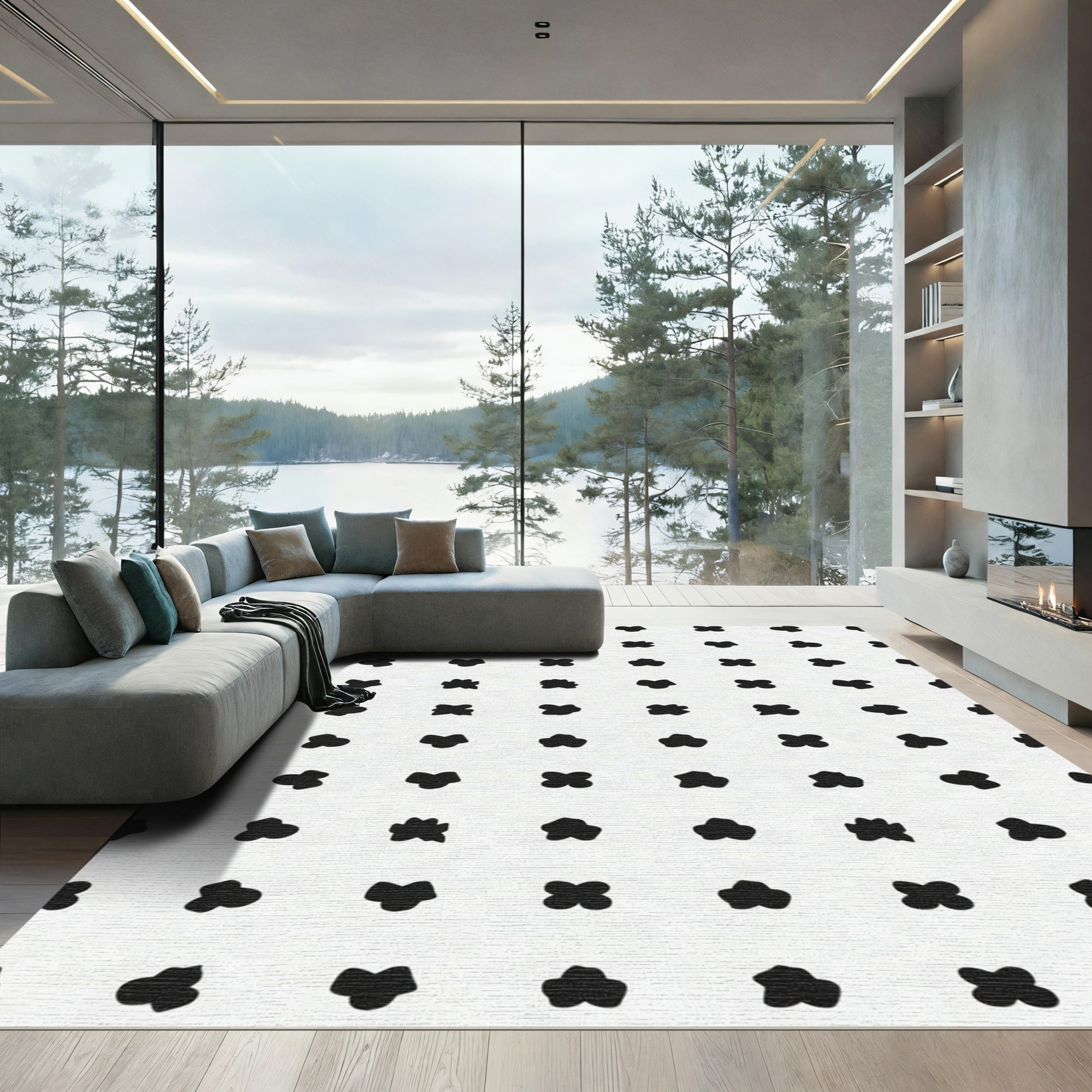 Black White Abstract Blossom Rug
