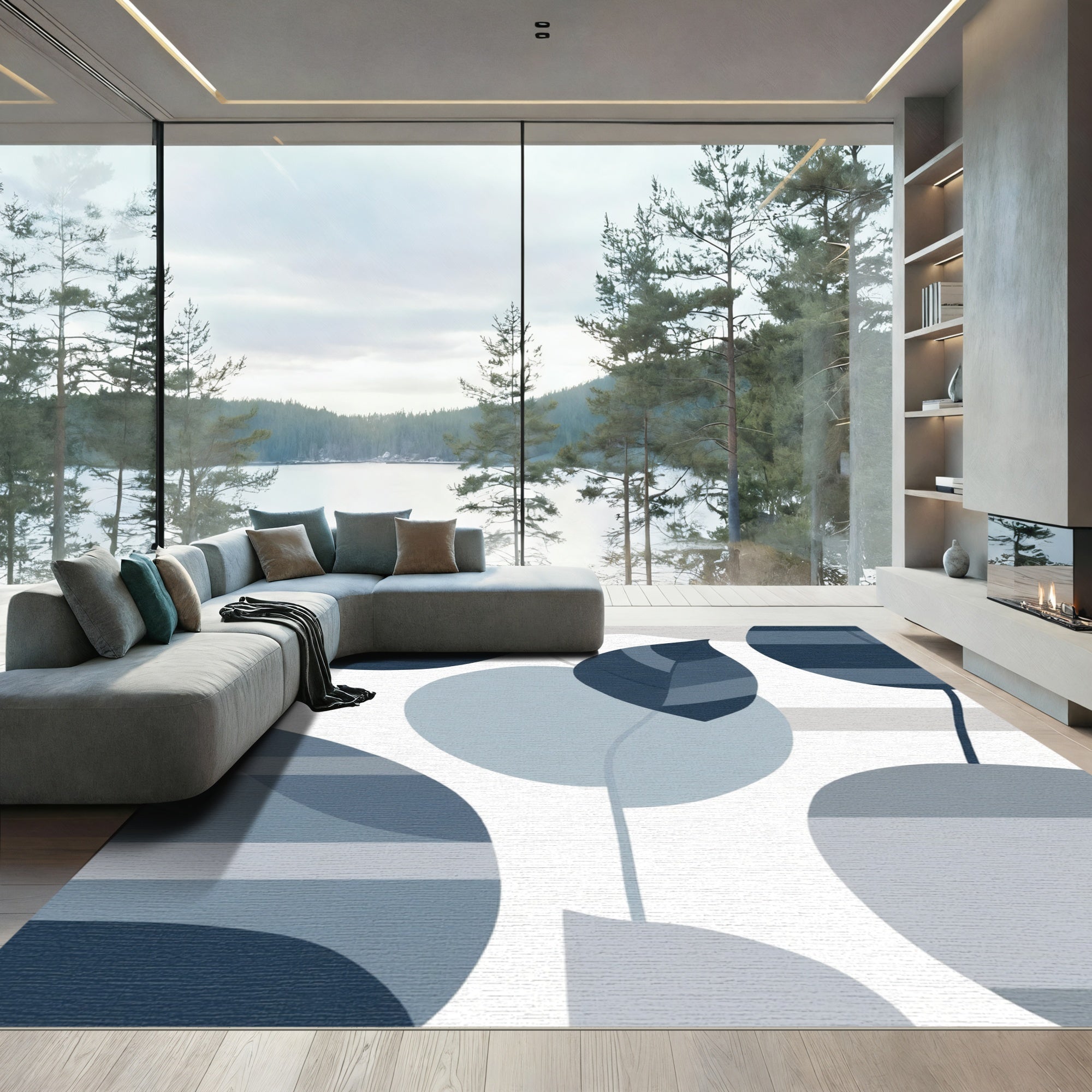 Cool Tones Abstract Leaf Stripes Rug