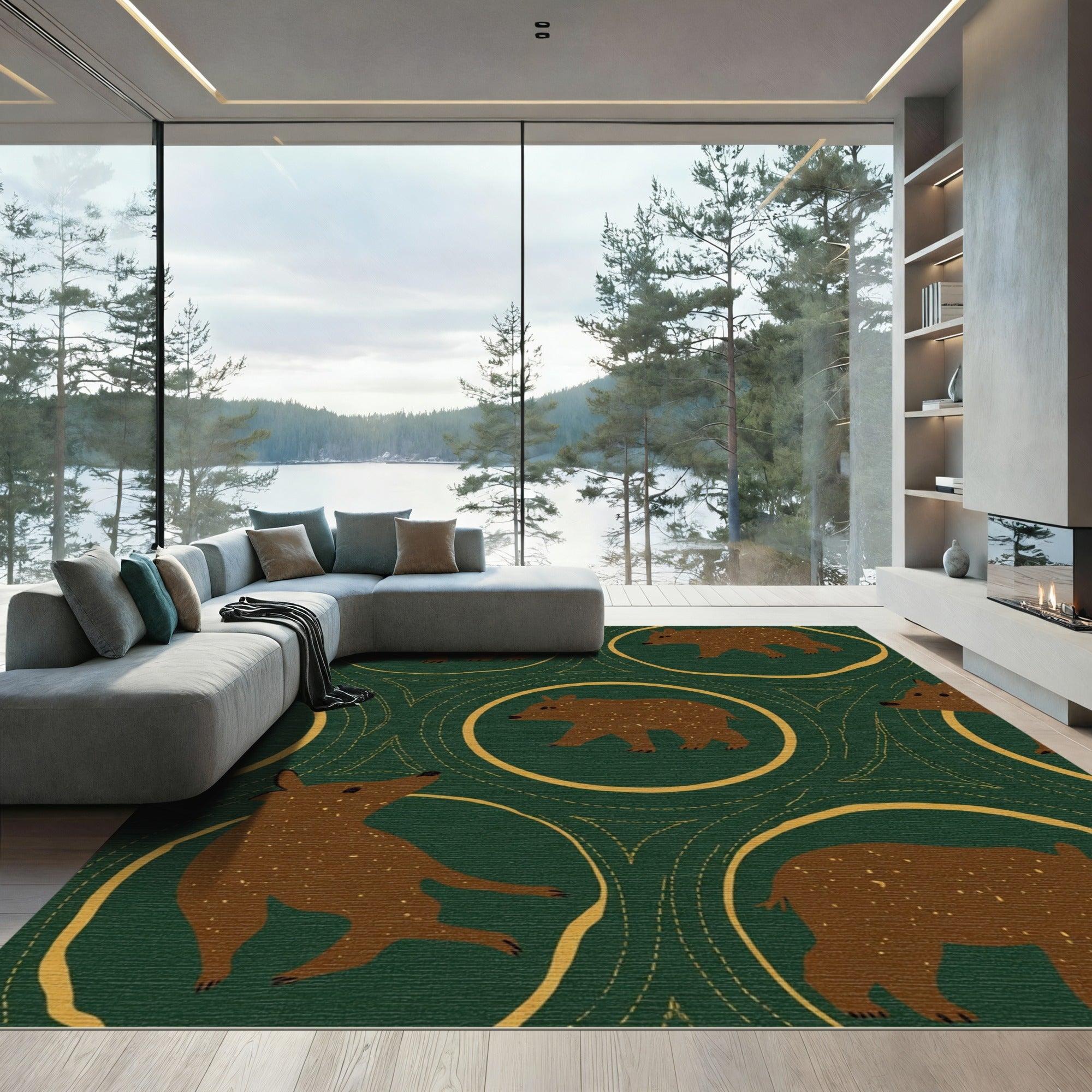 Woodland Bear Medallion Hunter Green Rug