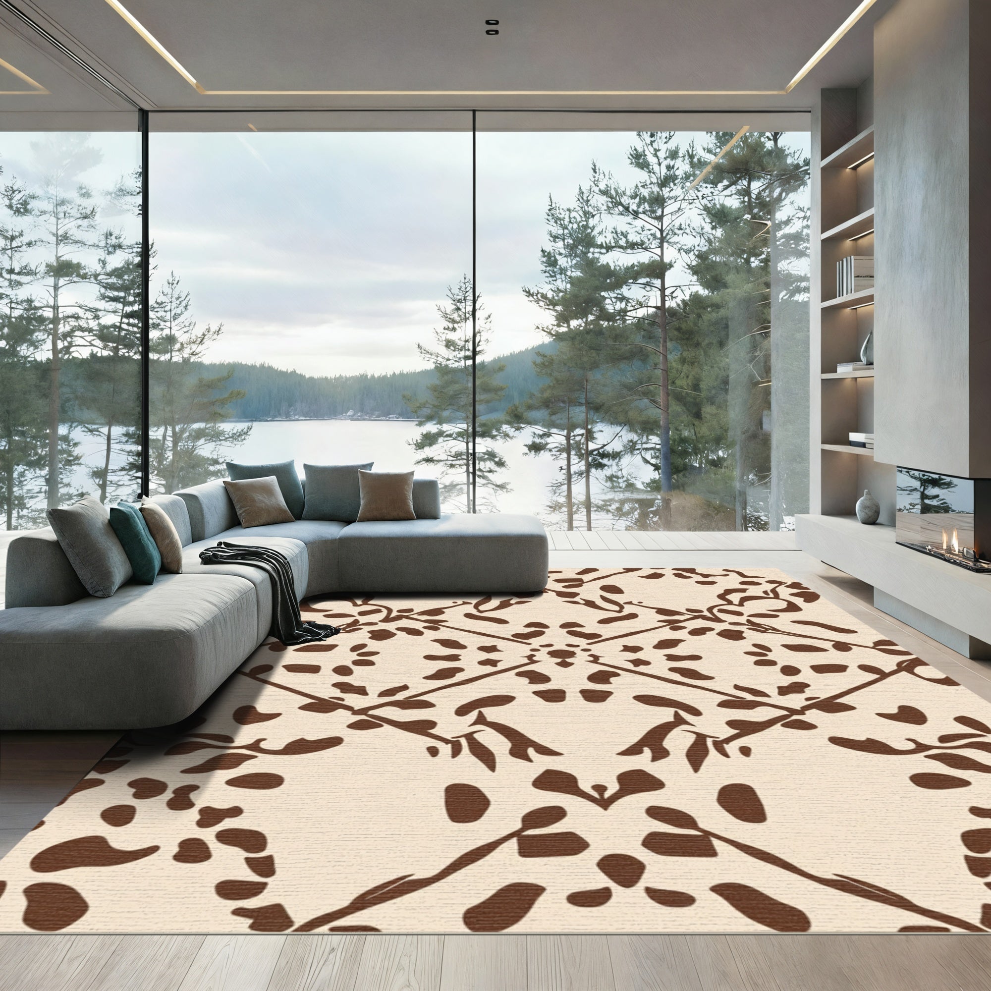 Ecru Brown Ogee Mirror Layout Rug
