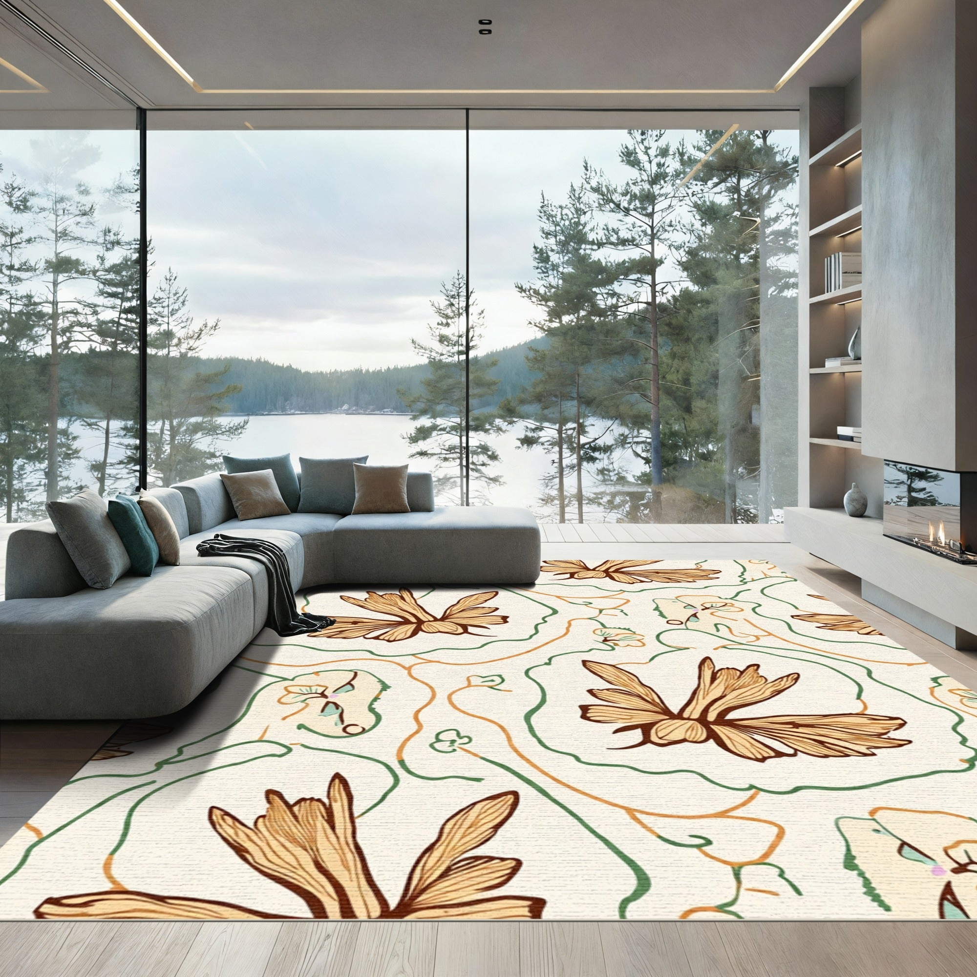 Earthy Tone Organic Flower Vines Rug