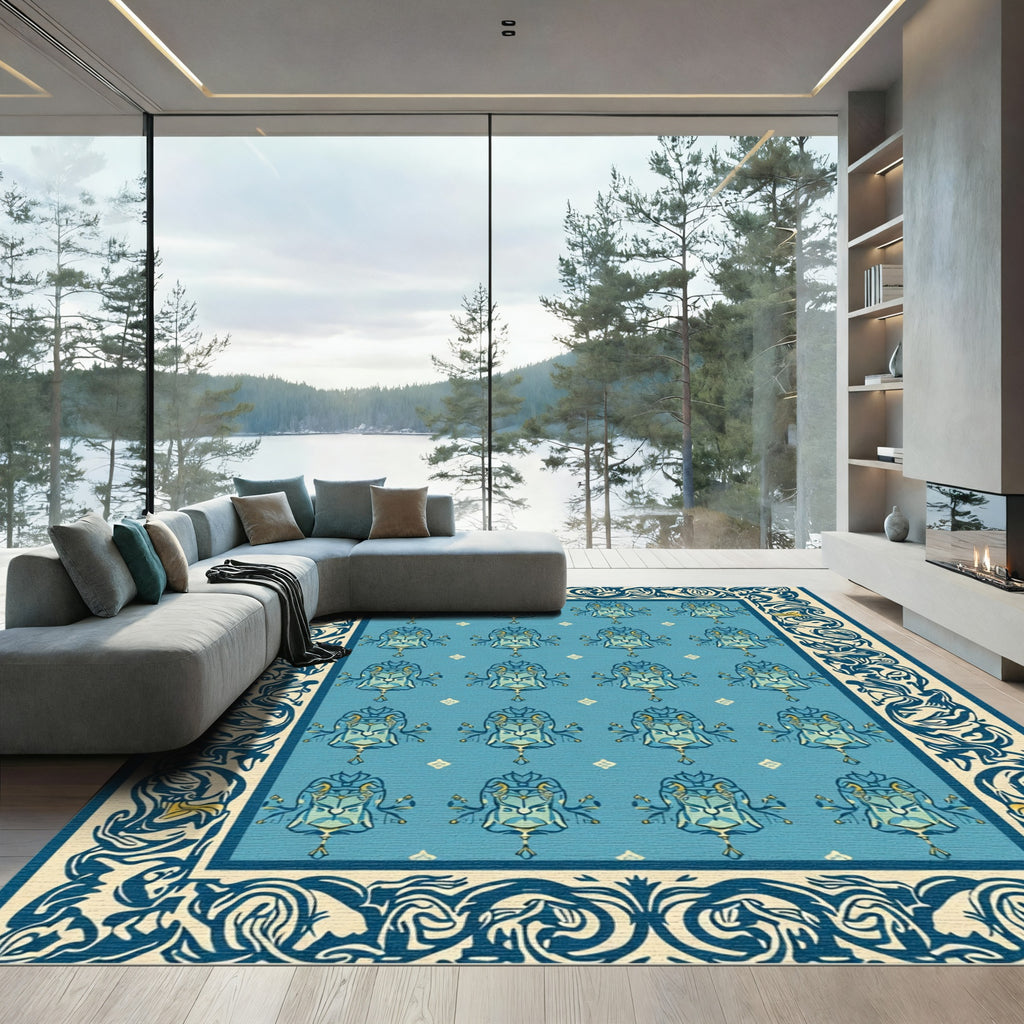 Majestic Blue Lion Medallion Border Rug