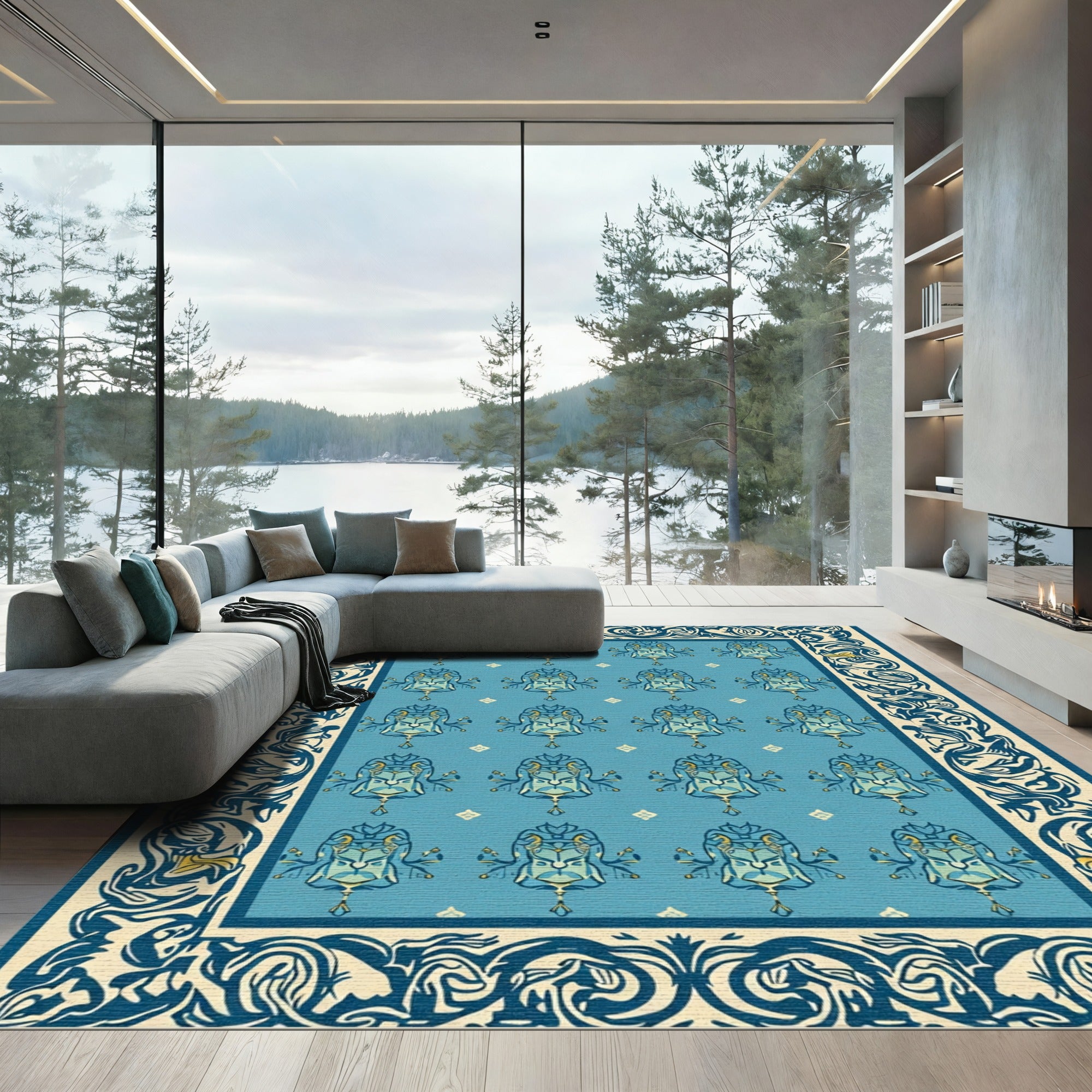 Majestic Blue Lion Medallion Border Rug