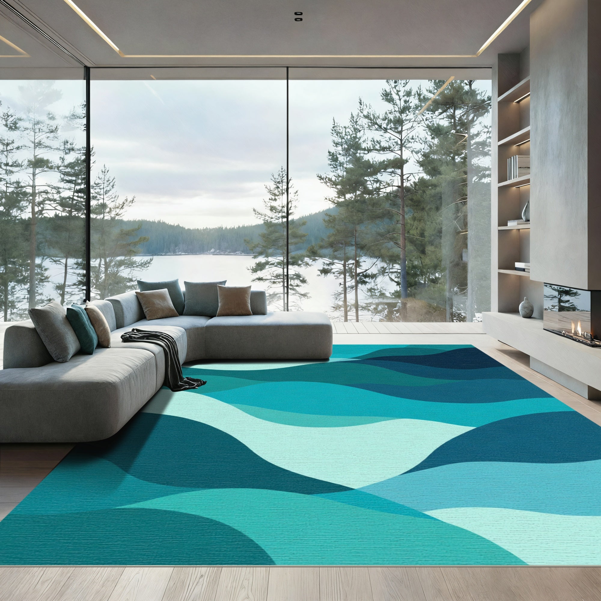Oceanic Blue Wave Abstract Rug