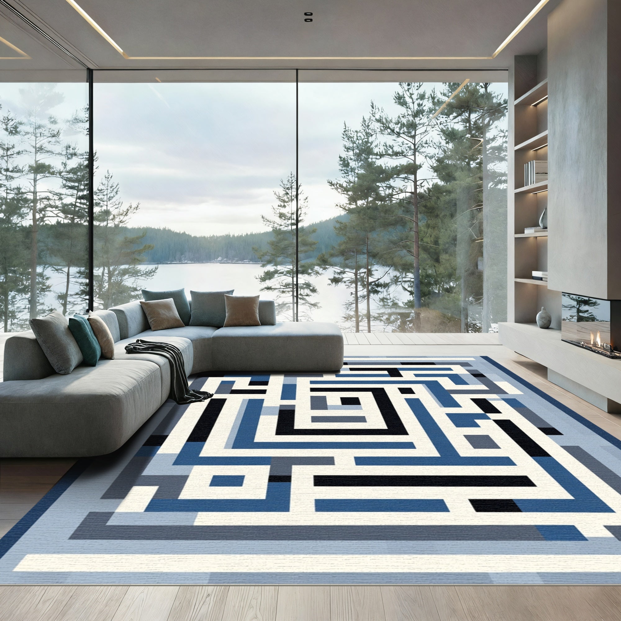 Geometric Maze Blue Ivory Graphic Rug