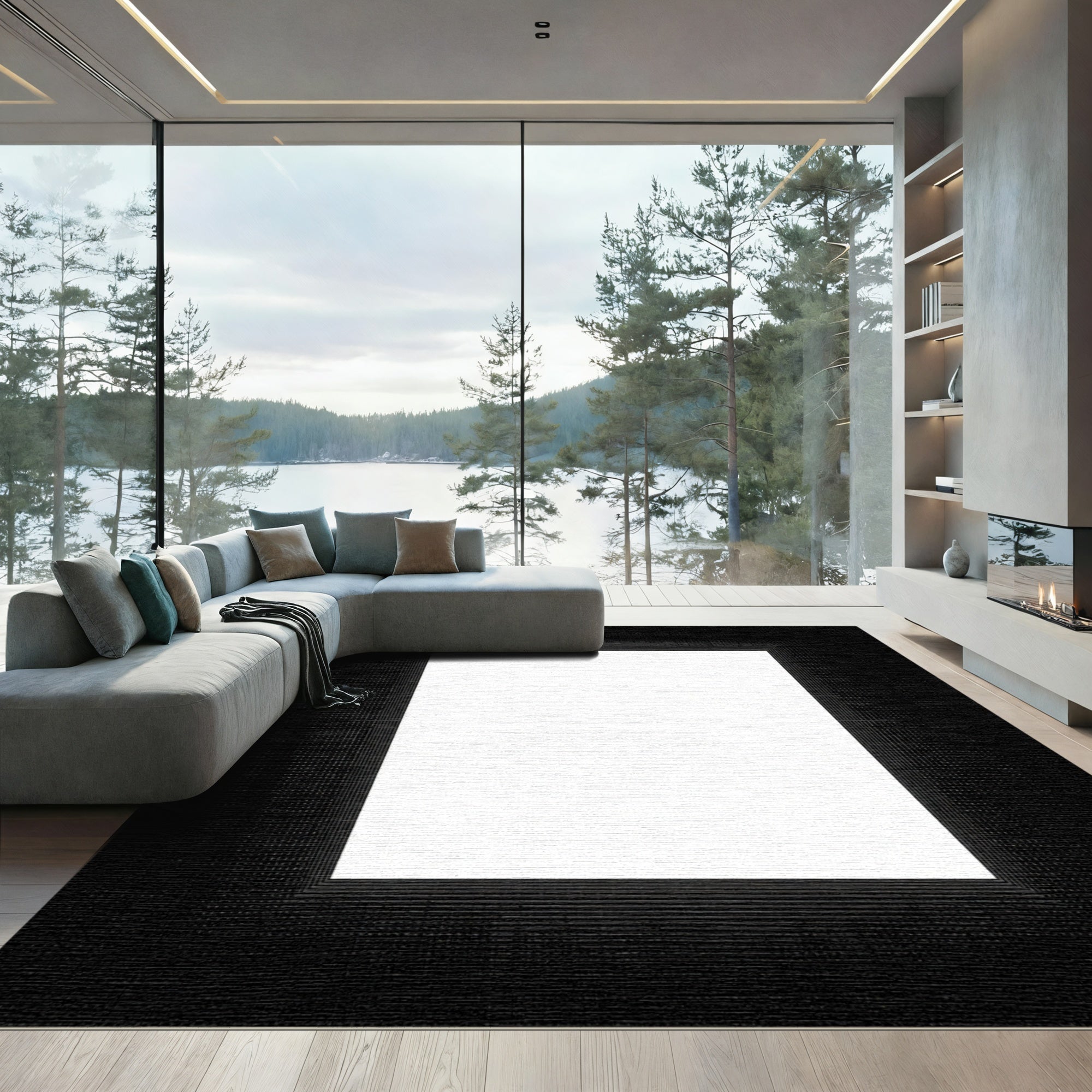 Black White Geometric Grid Frame Rug