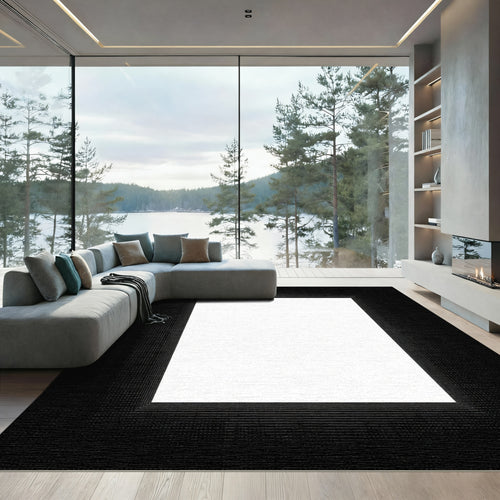 Black White Geometric Grid Frame Rug