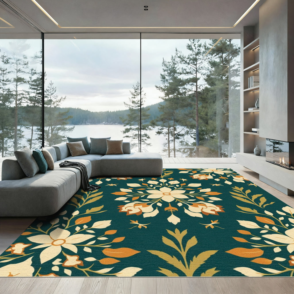 Deep Teal Floral Leaf Arrangement Rug