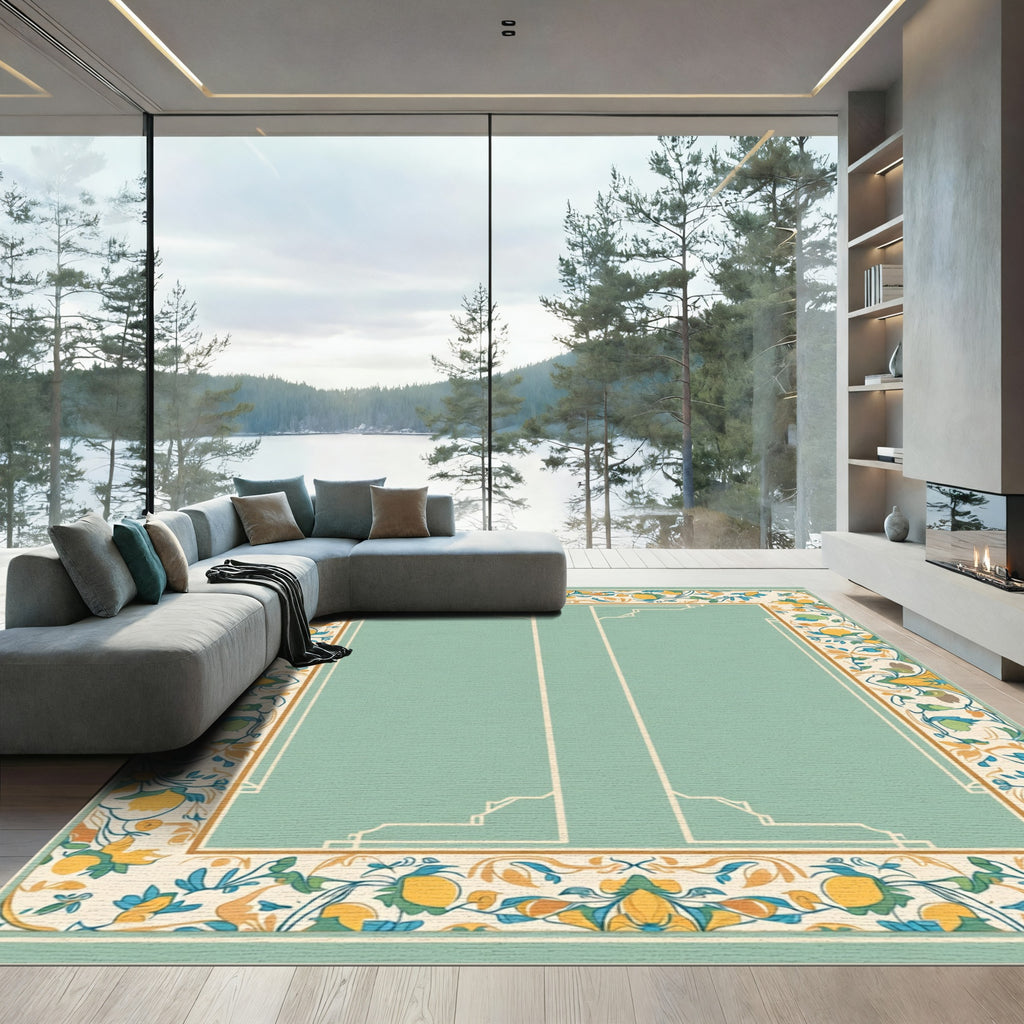 Ornate Golden Teal Floral Border Rug